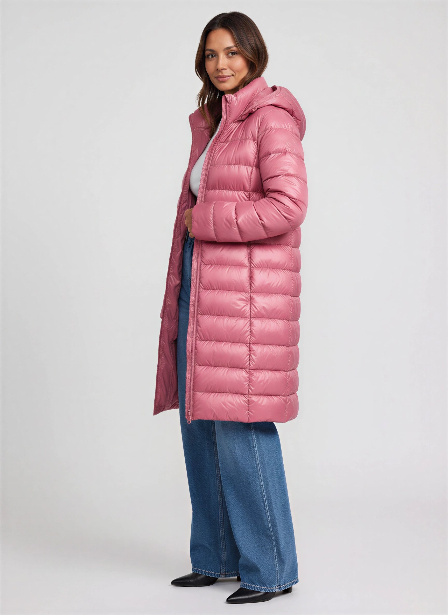 Feathra Longline Hooded Puffer Coat – Women Quilted Down Jacket Winter Casual Tall Warm Outerwear
