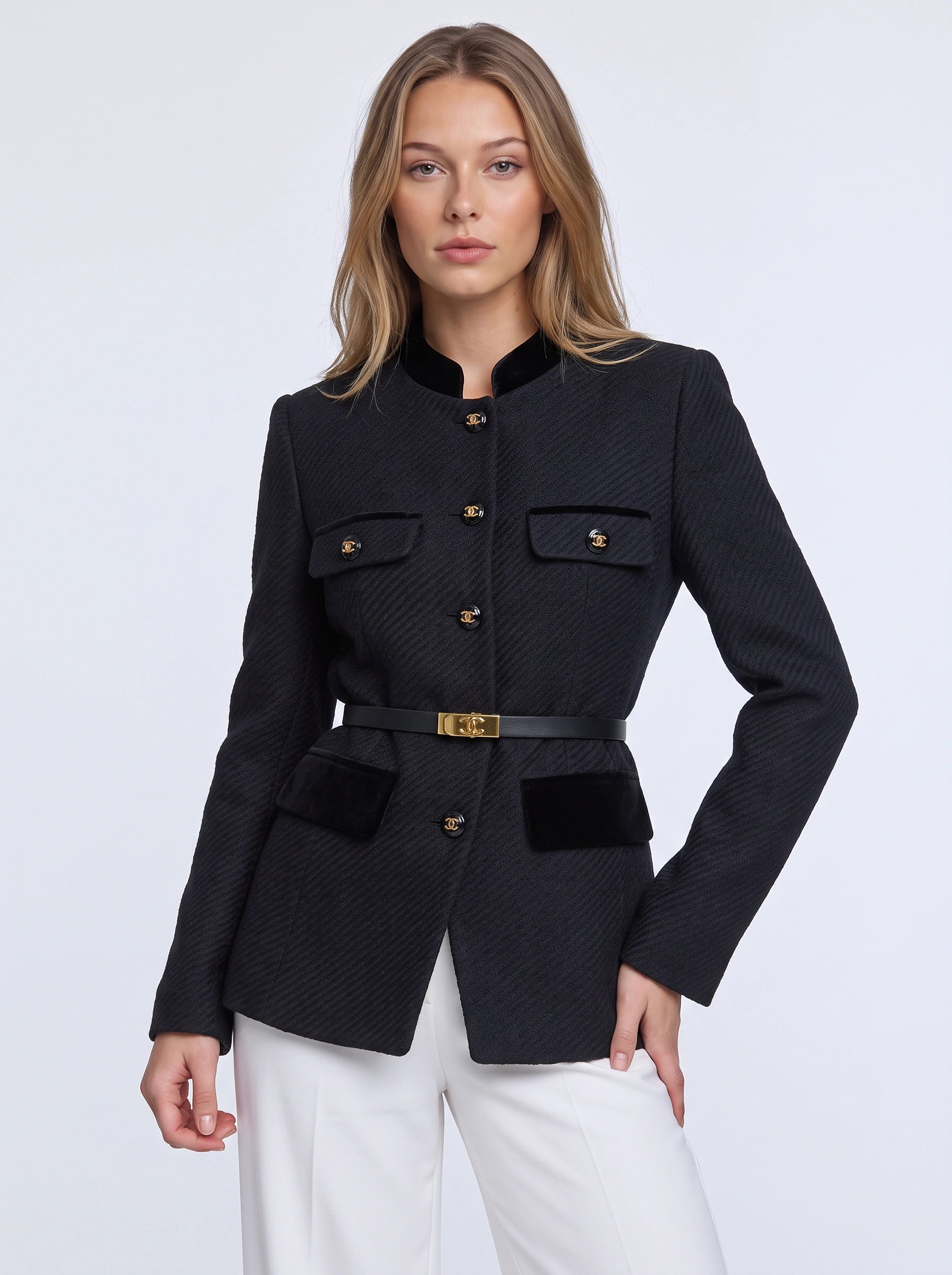 Oreva Quilted Mandarin Collar Belted Jacket – Women Formal Office Blazer Tailored Structured Business Longline Blazer