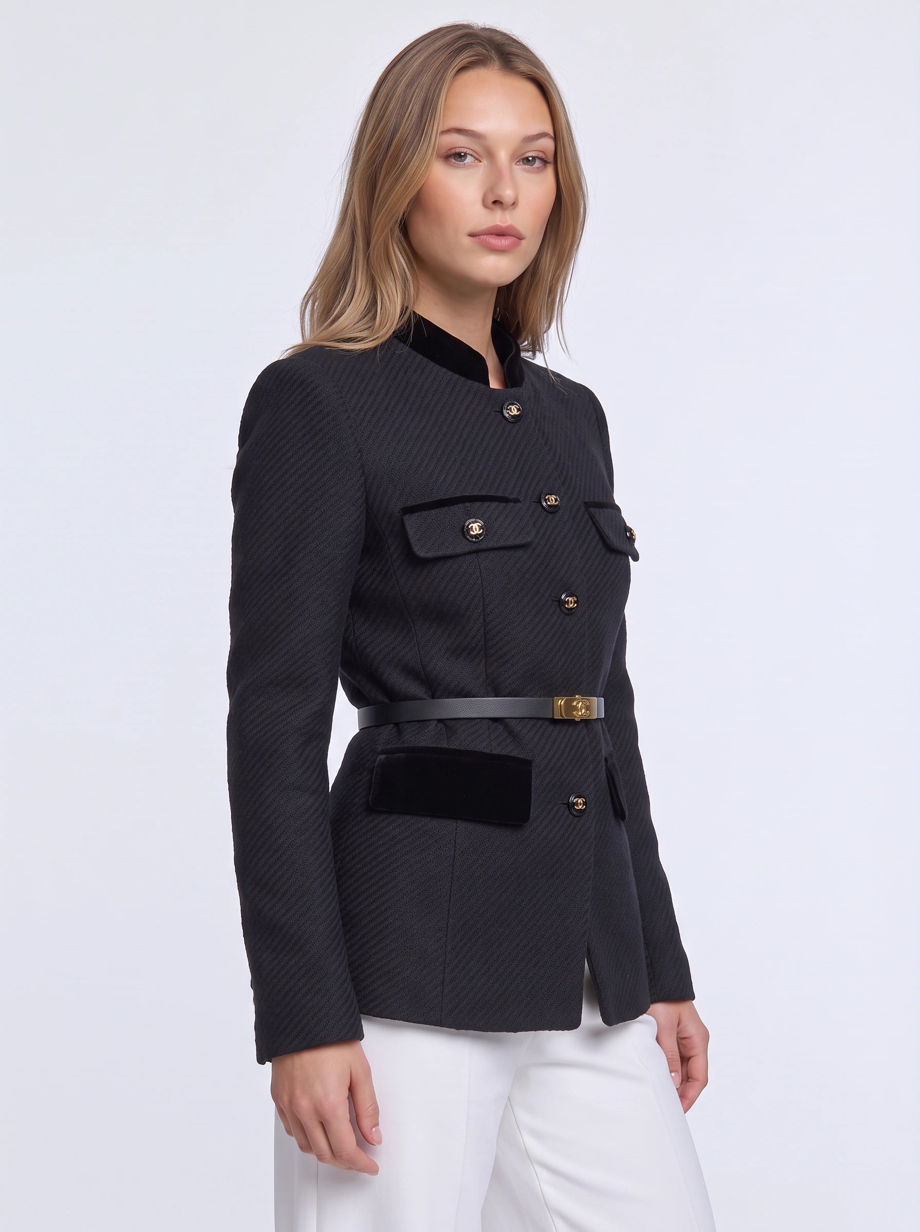 Oreva Quilted Mandarin Collar Belted Jacket – Women Formal Office Blazer Tailored Structured Business Longline Blazer