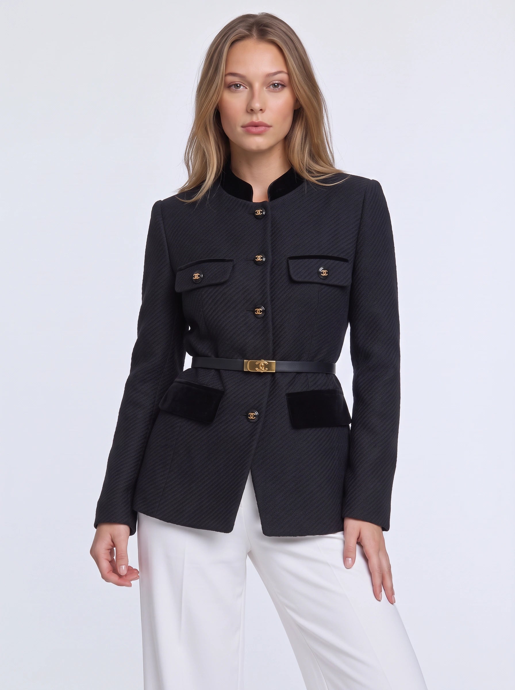 Oreva Quilted Mandarin Collar Belted Jacket – Women Formal Office Blazer Tailored Structured Business Longline Blazer