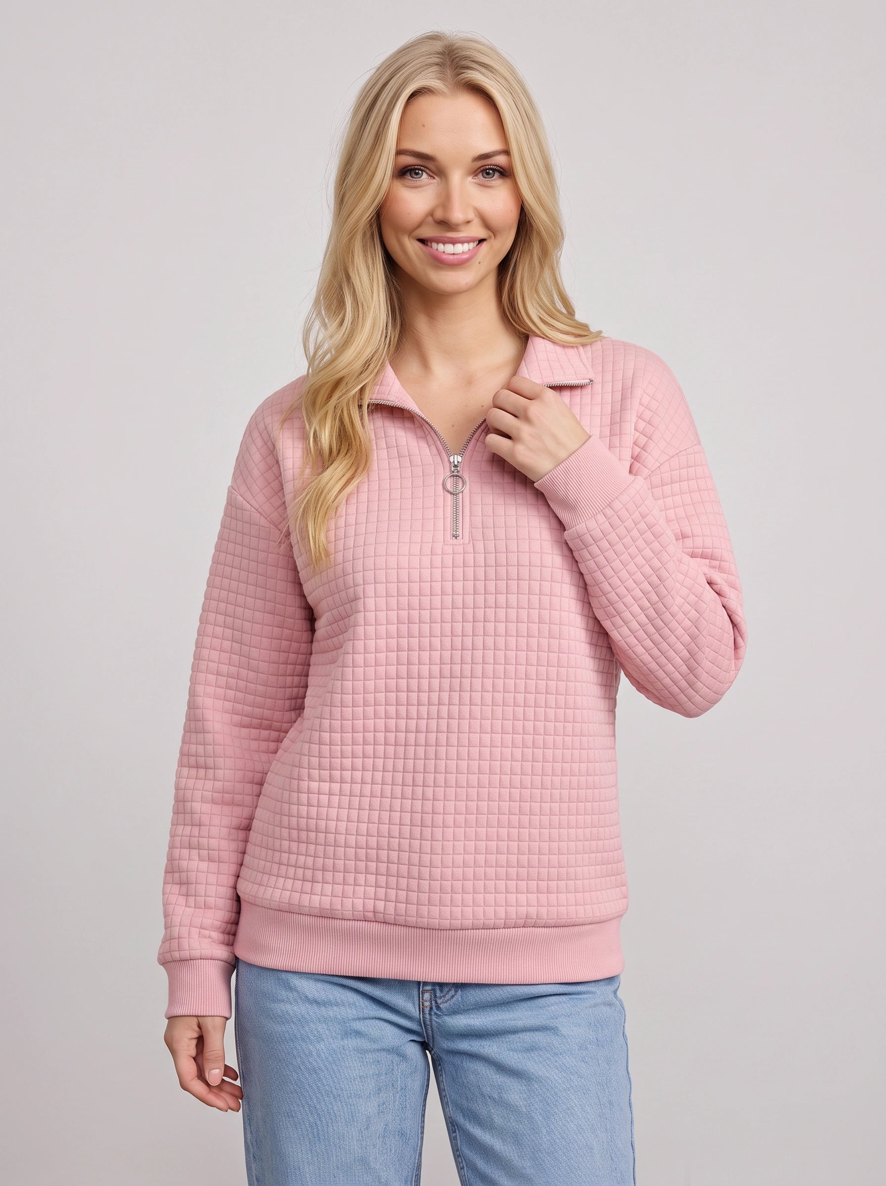 Quadrik Quilted Half-Zip Sweatshirt – Women Casual Streetwear Loungewear Textured Quarter Zip Pullover Top