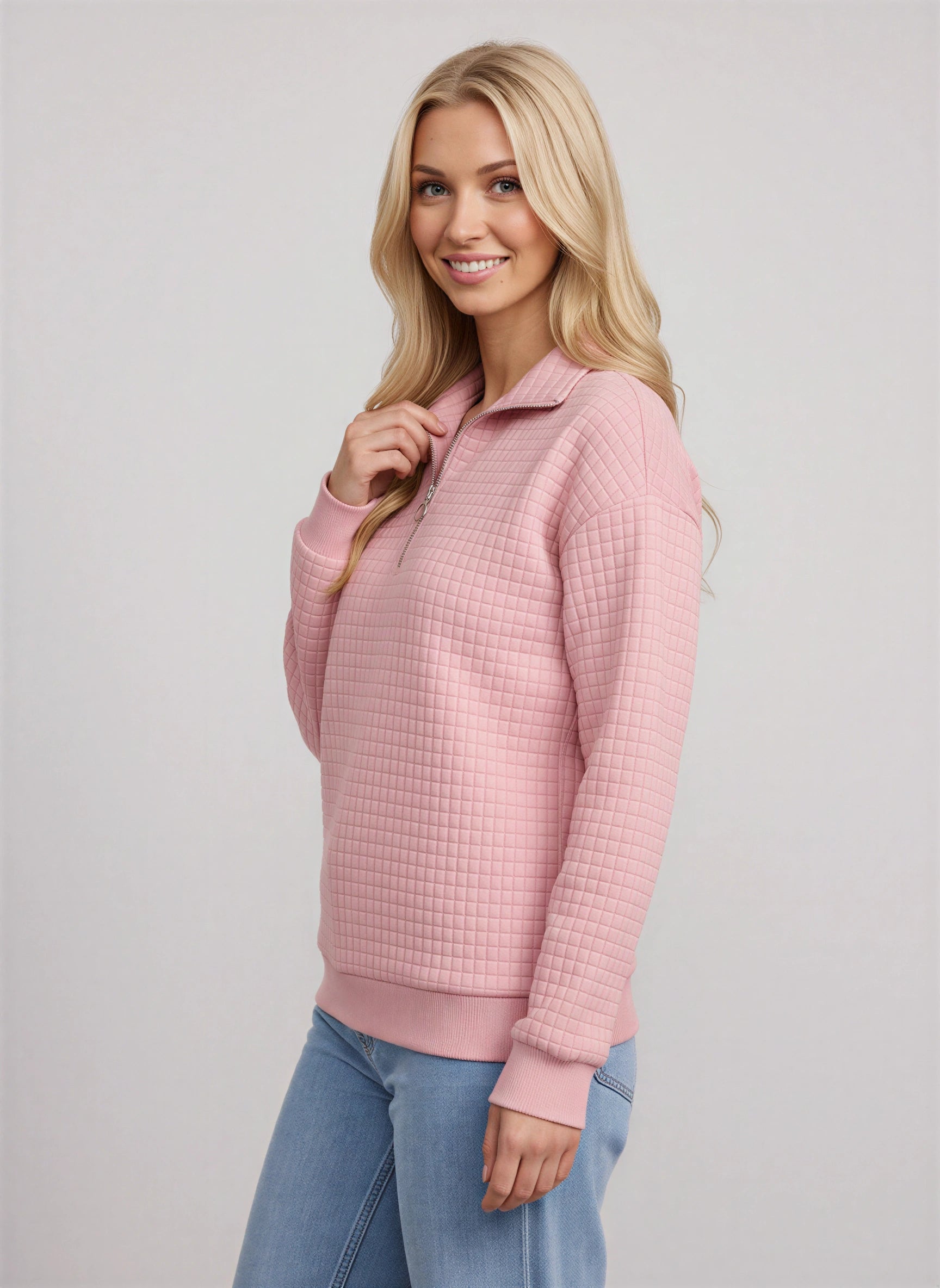 Quadrik Quilted Half-Zip Sweatshirt – Women Casual Streetwear Loungewear Textured Quarter Zip Pullover Top