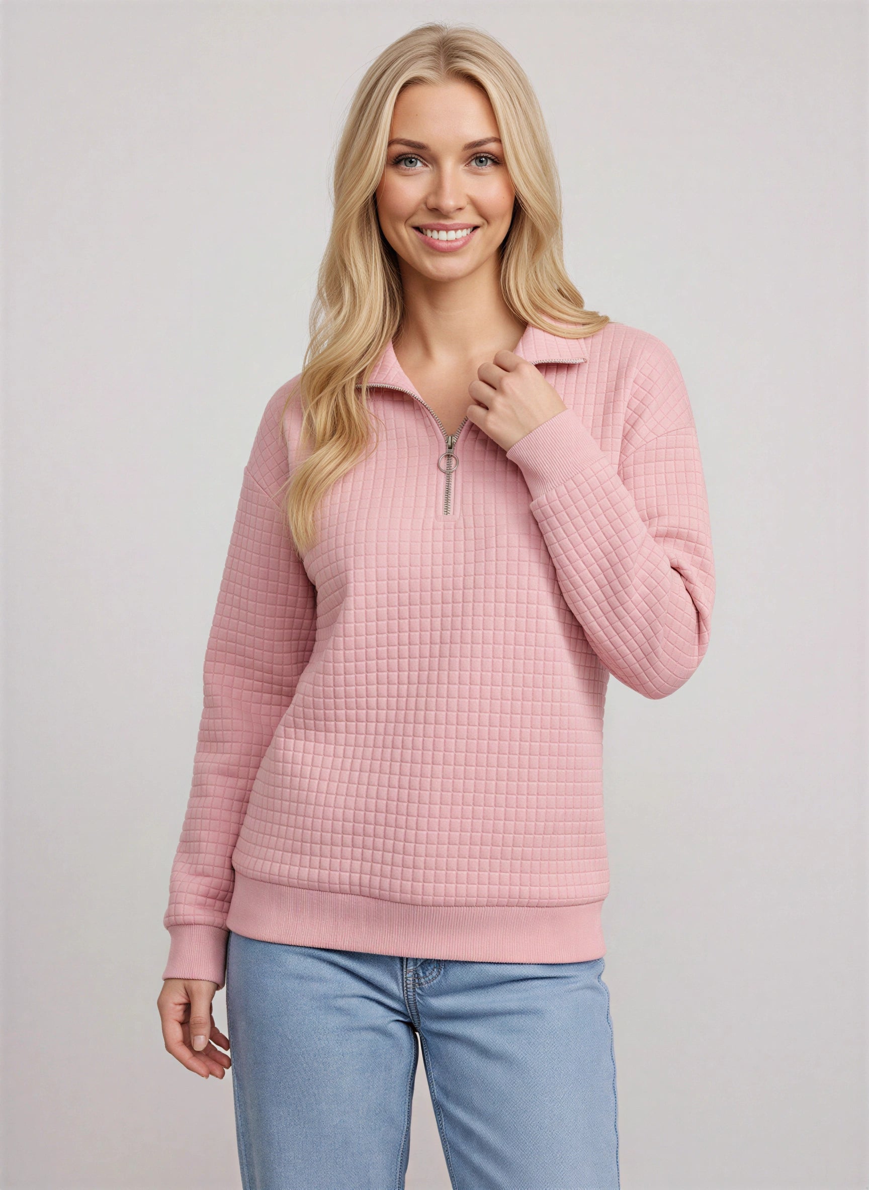Quadrik Quilted Half-Zip Sweatshirt – Women Casual Streetwear Loungewear Textured Quarter Zip Pullover Top