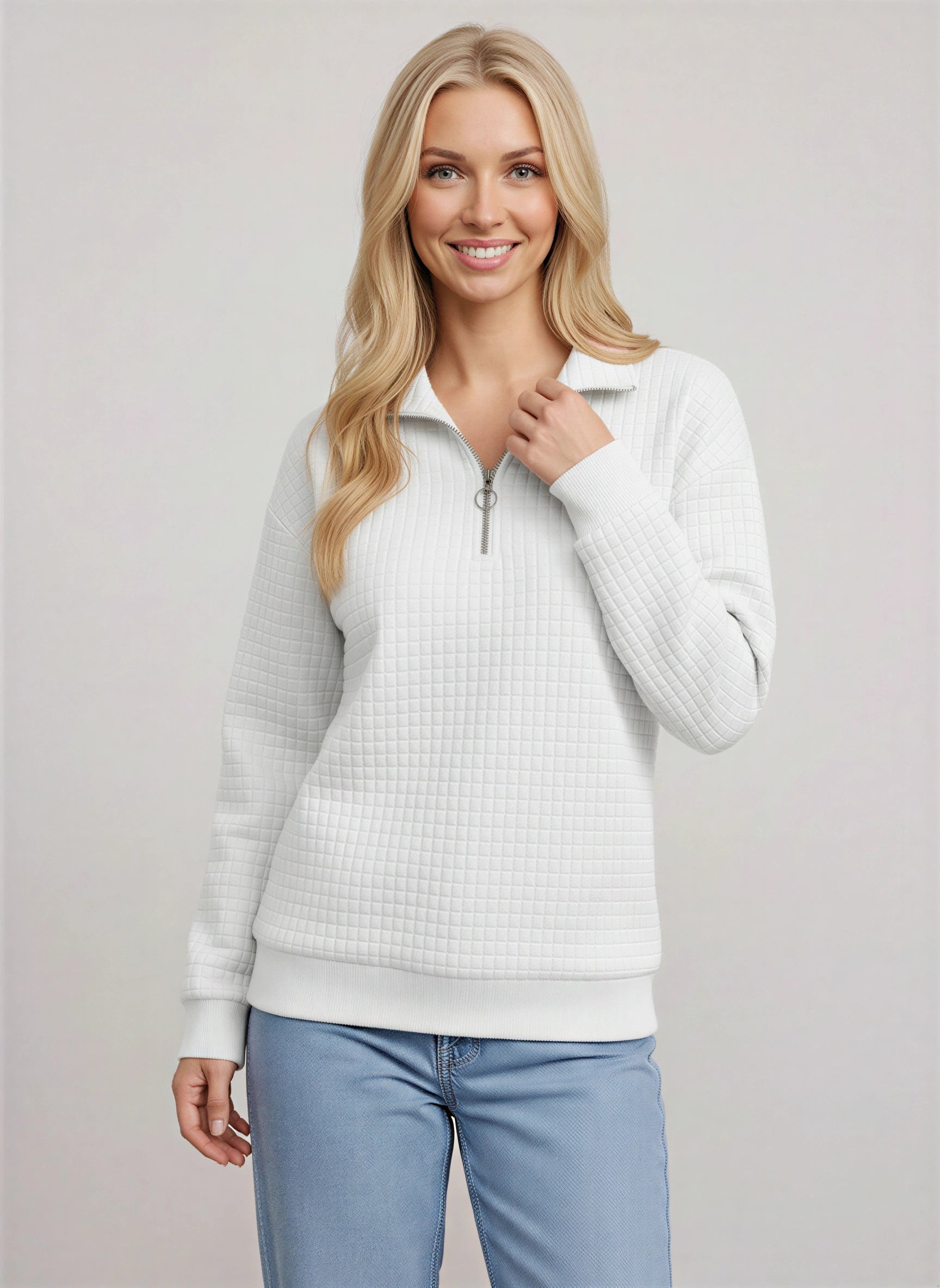 Quadrik Quilted Half-Zip Sweatshirt – Women Casual Streetwear Loungewear Textured Quarter Zip Pullover Top
