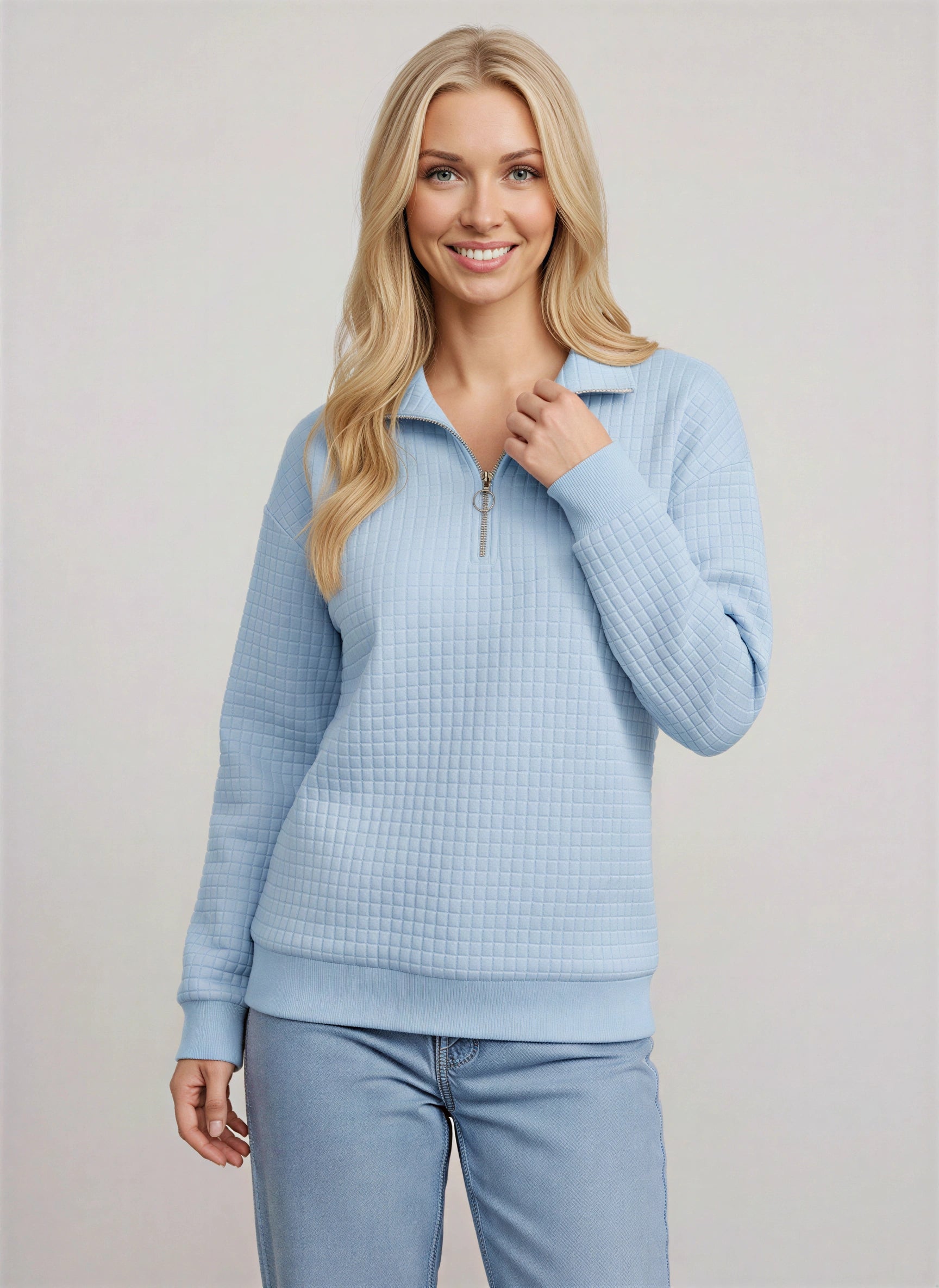 Quadrik Quilted Half-Zip Sweatshirt – Women Casual Streetwear Loungewear Textured Quarter Zip Pullover Top
