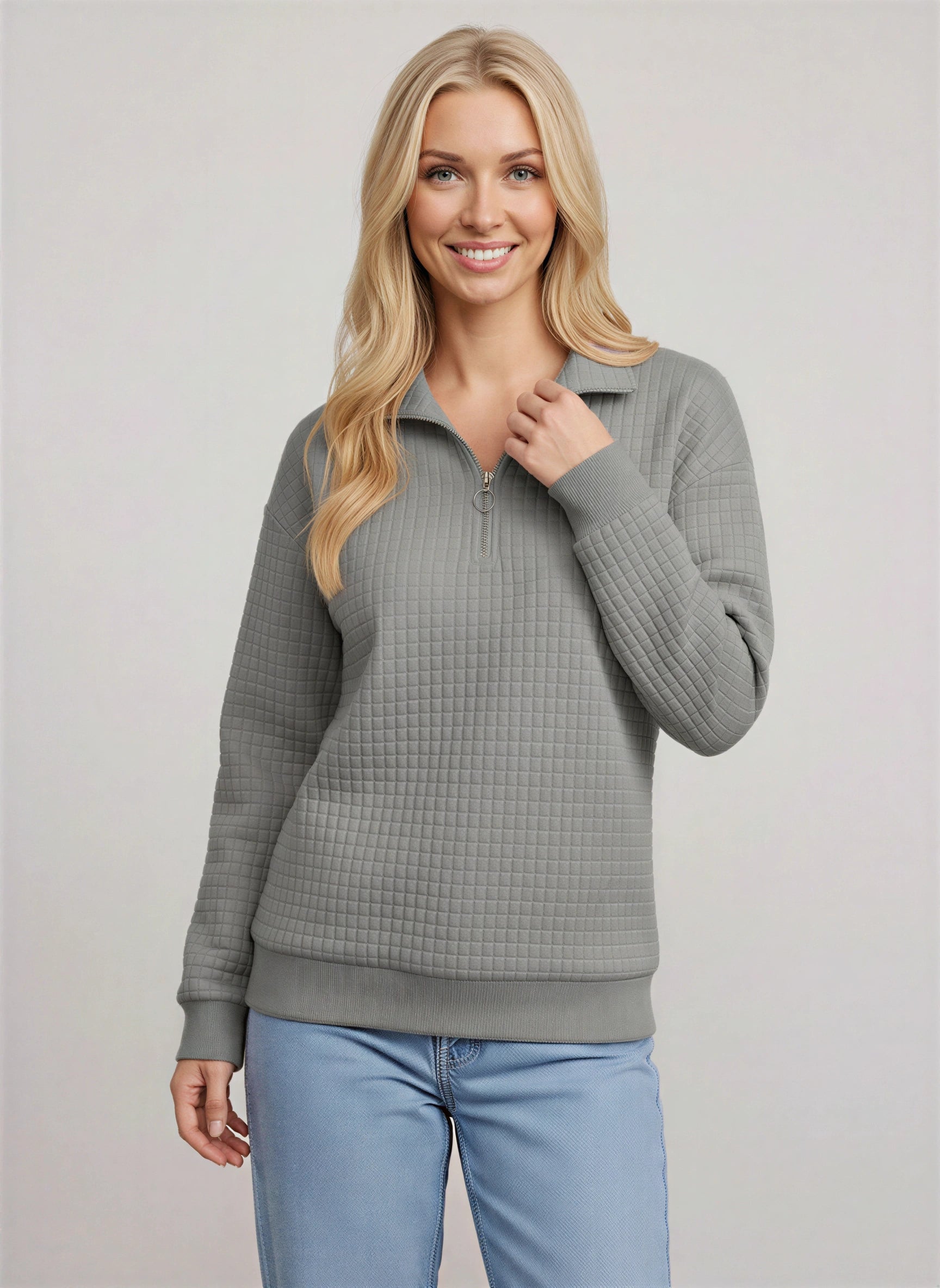 Quadrik Quilted Half-Zip Sweatshirt – Women Casual Streetwear Loungewear Textured Quarter Zip Pullover Top
