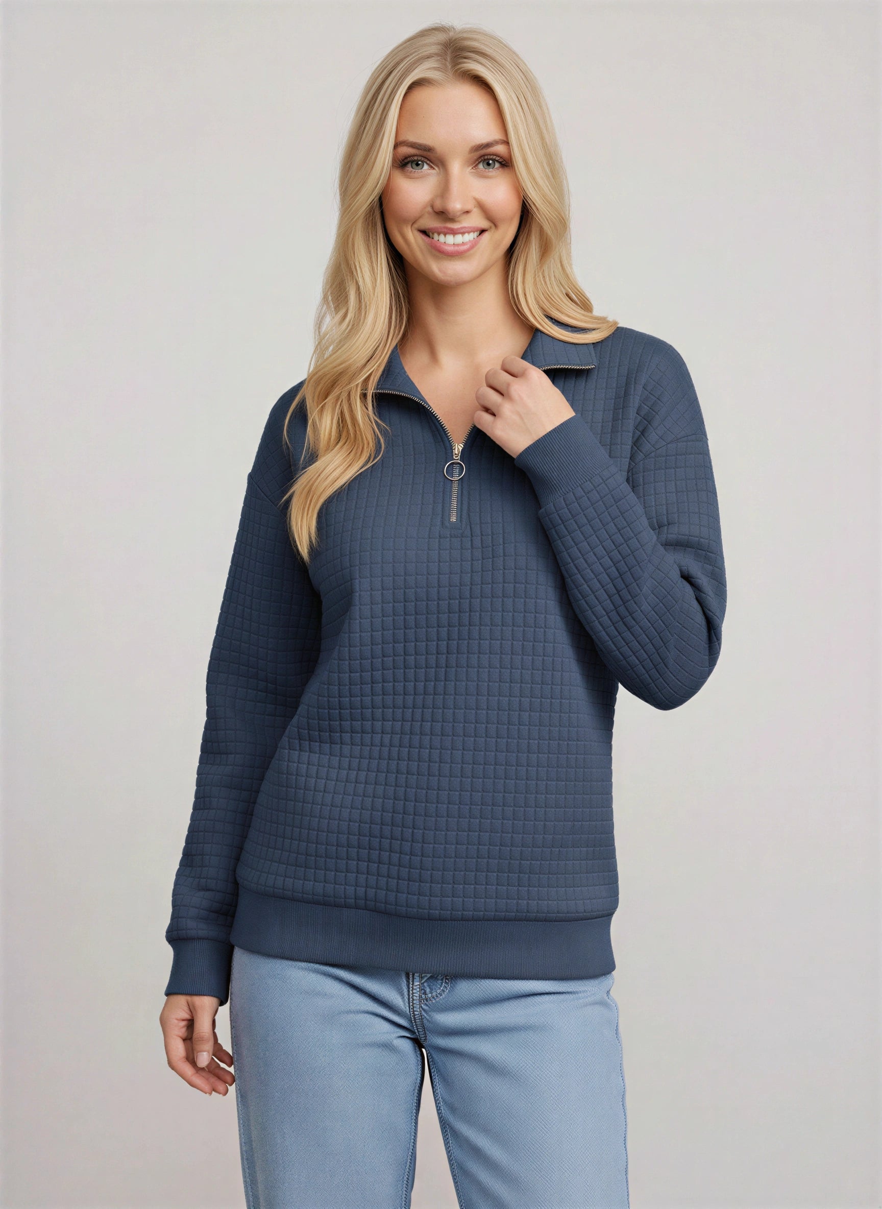 Quadrik Quilted Half-Zip Sweatshirt – Women Casual Streetwear Loungewear Textured Quarter Zip Pullover Top