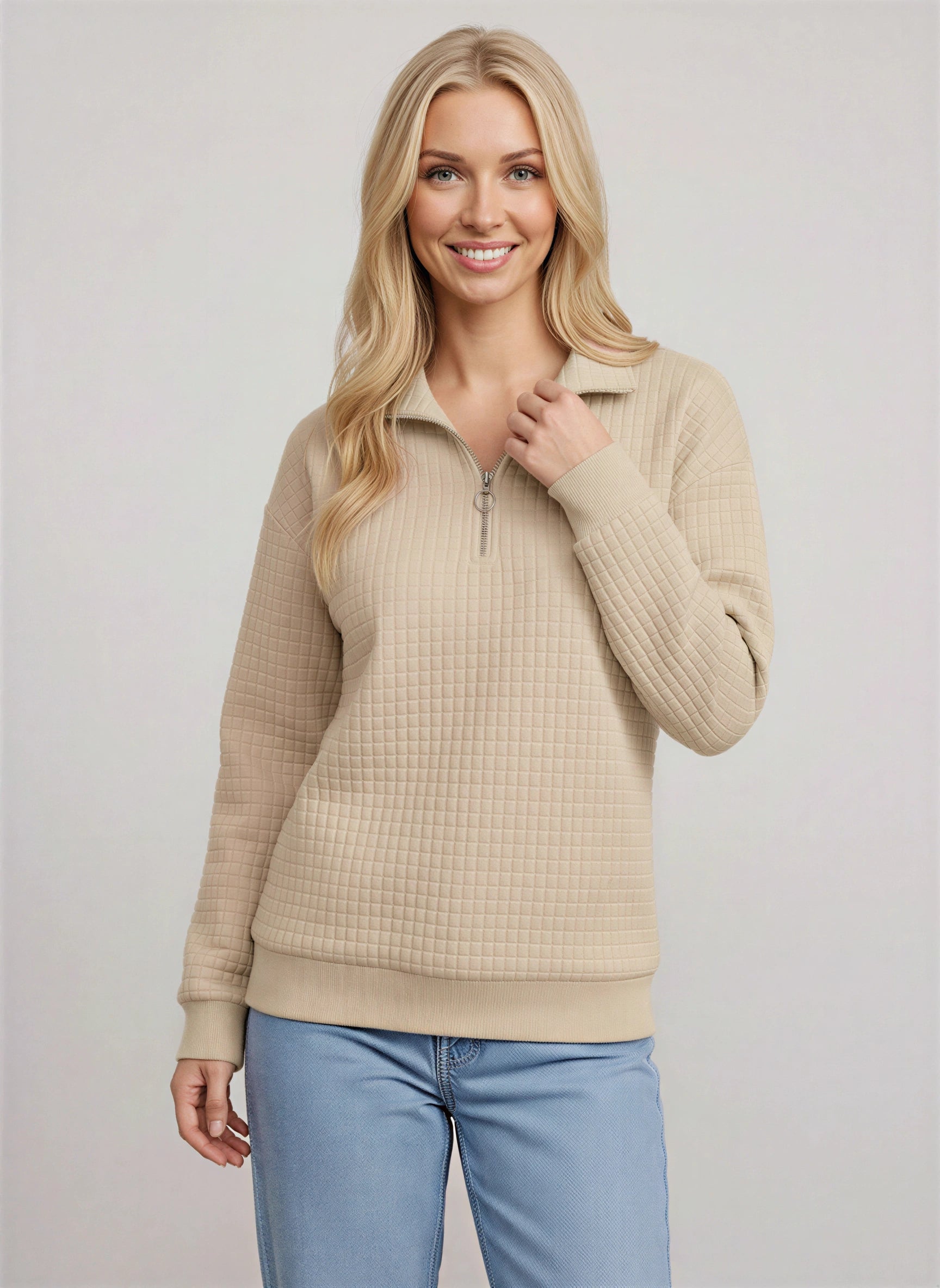 Quadrik Quilted Half-Zip Sweatshirt – Women Casual Streetwear Loungewear Textured Quarter Zip Pullover Top