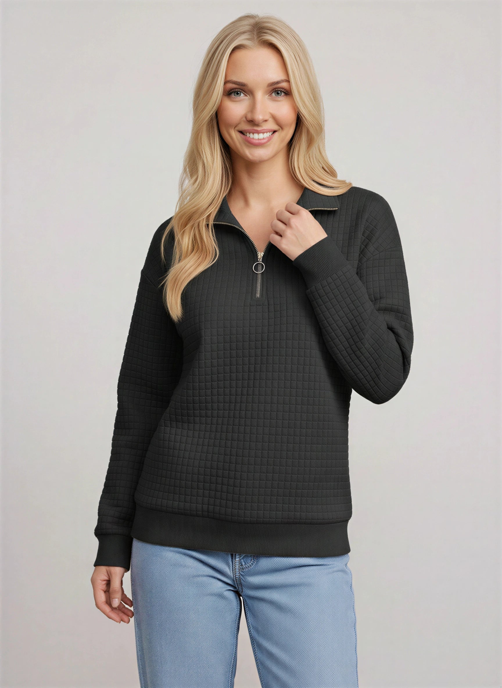 Quadrik Quilted Half-Zip Sweatshirt – Women Casual Streetwear Loungewear Textured Quarter Zip Pullover Top