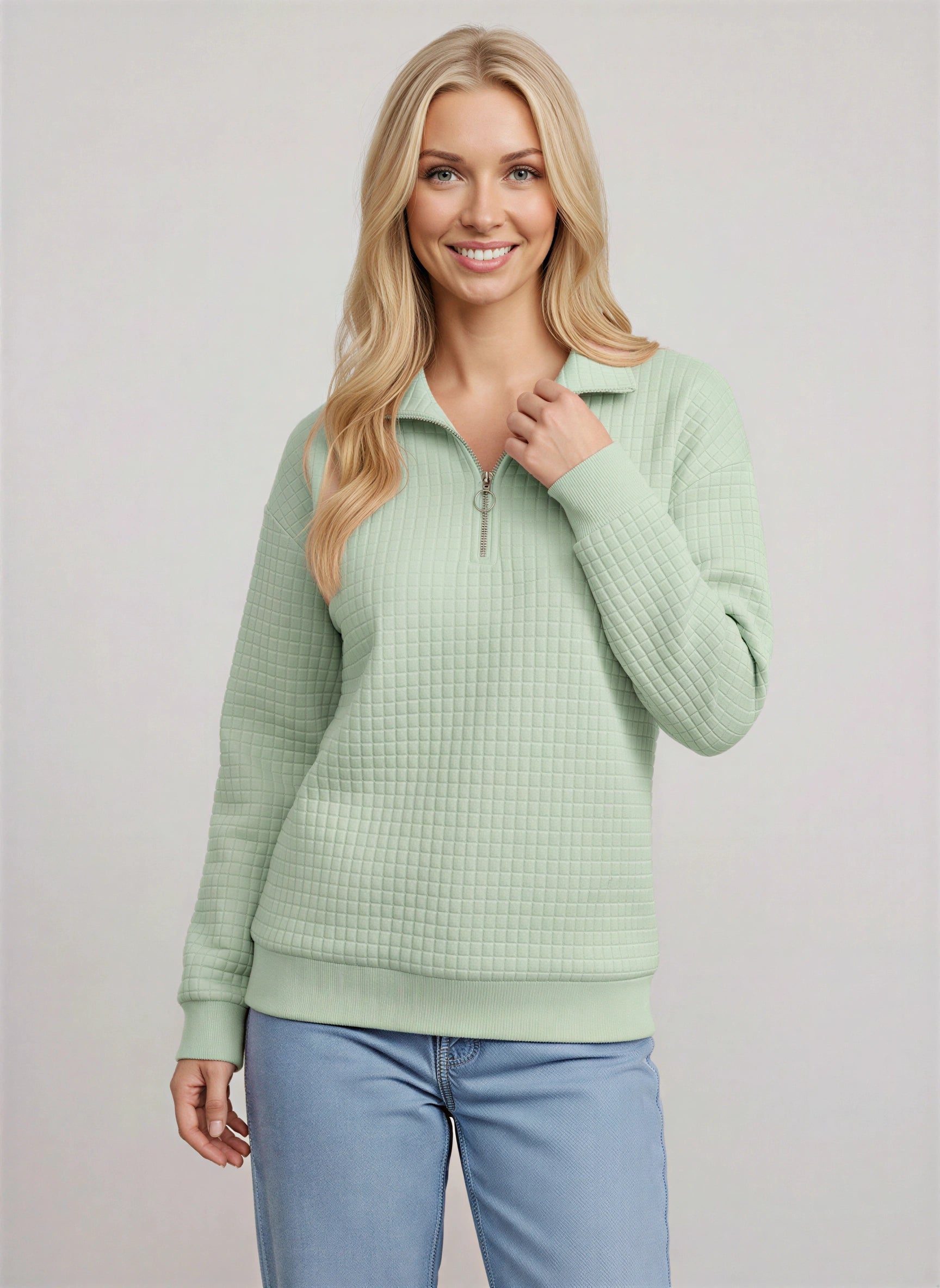 Quadrik Quilted Half-Zip Sweatshirt – Women Casual Streetwear Loungewear Textured Quarter Zip Pullover Top