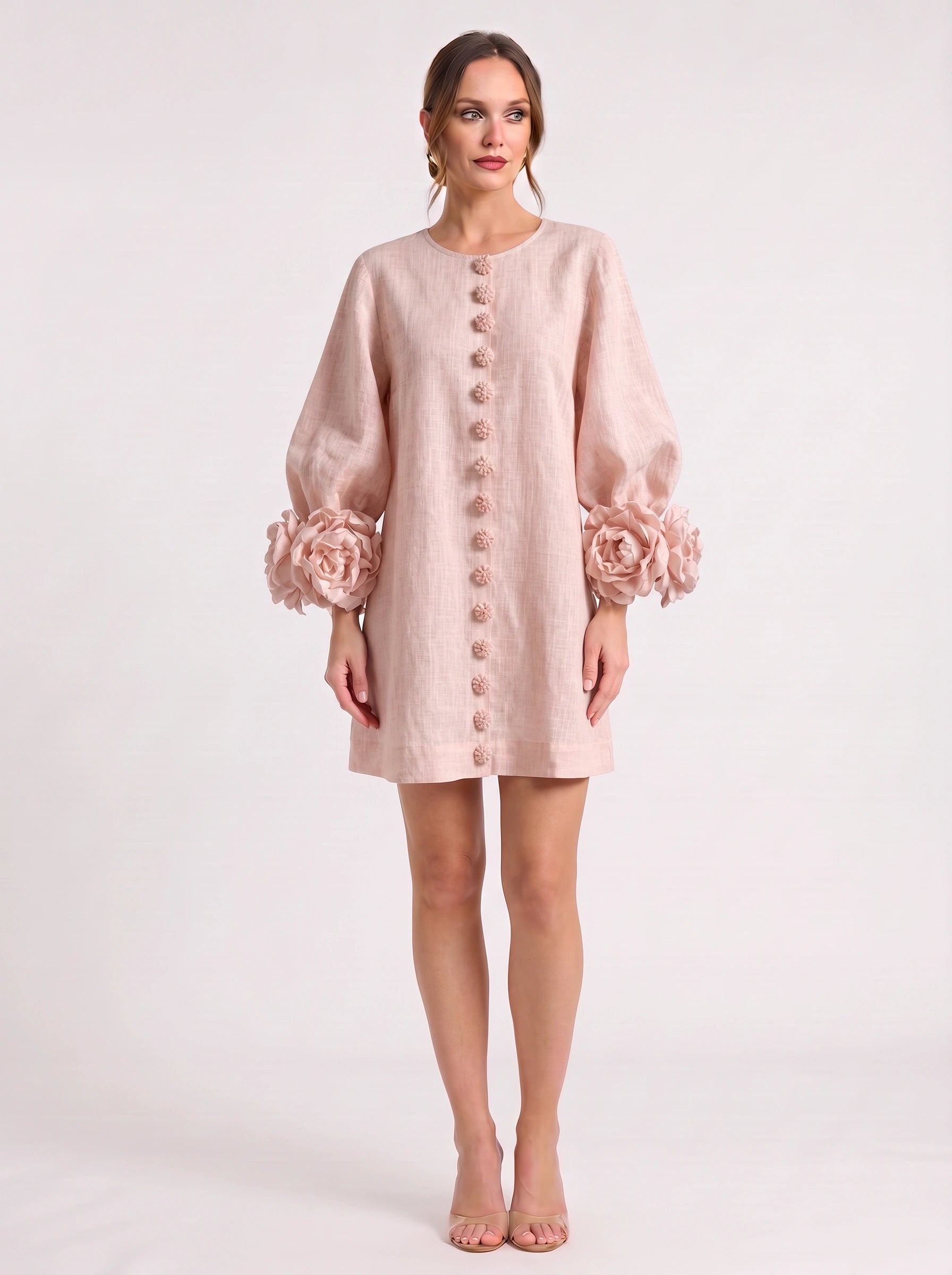 Petalyn Linen Button-Front Mini Dress – 3D Floral Sleeve Women Summer Wedding Guest Boho Shift Mini Dress