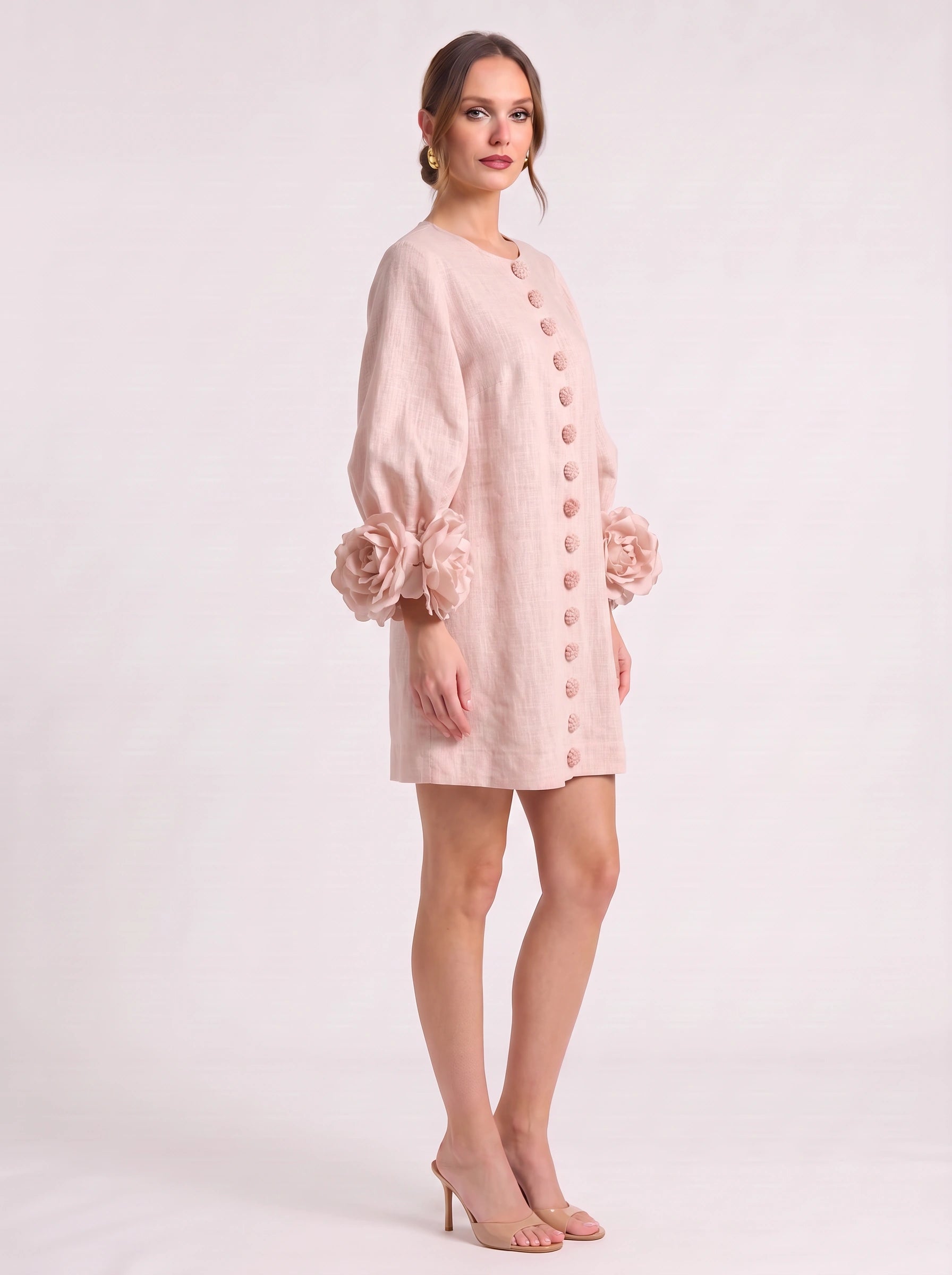 Petalyn Linen Button-Front Mini Dress – 3D Floral Sleeve Women Summer Wedding Guest Boho Shift Mini Dress