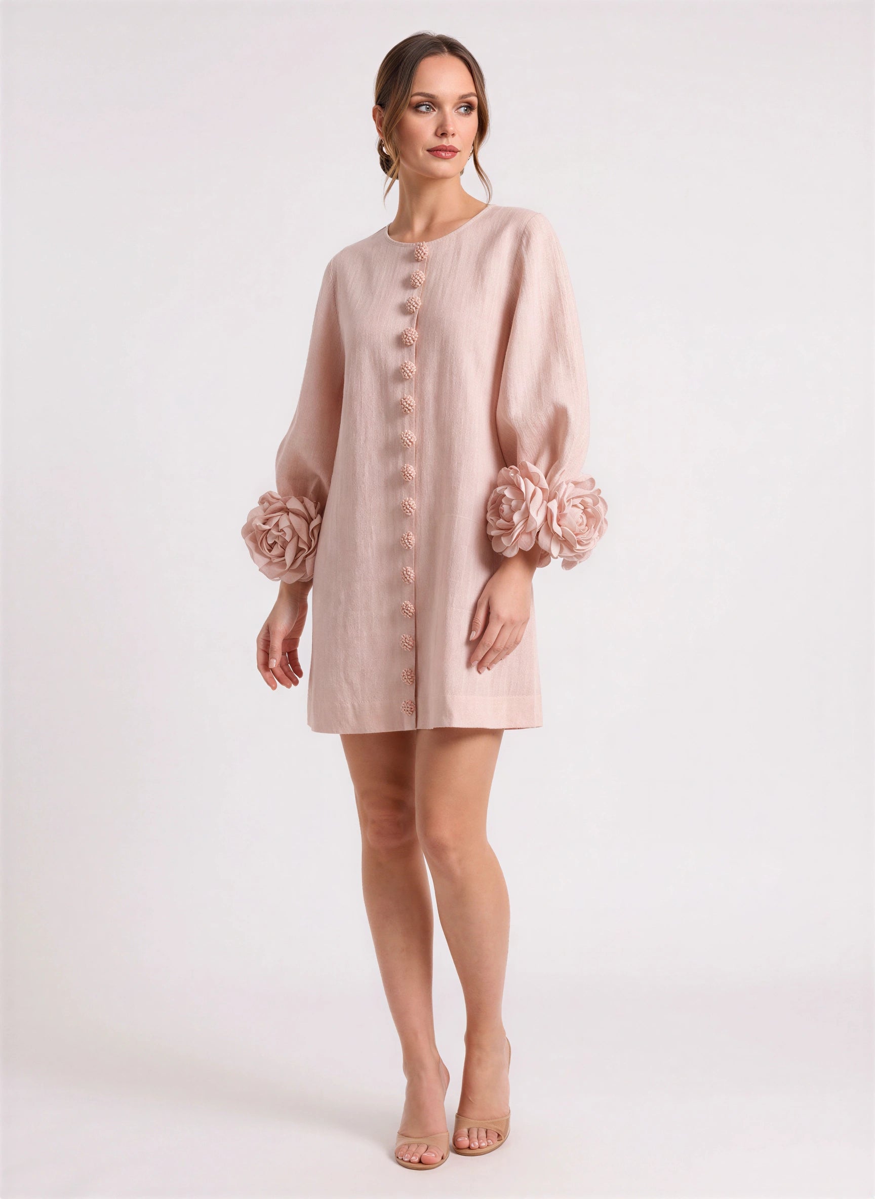 Petalyn Linen Button-Front Mini Dress – 3D Floral Sleeve Women Summer Wedding Guest Boho Shift Mini Dress