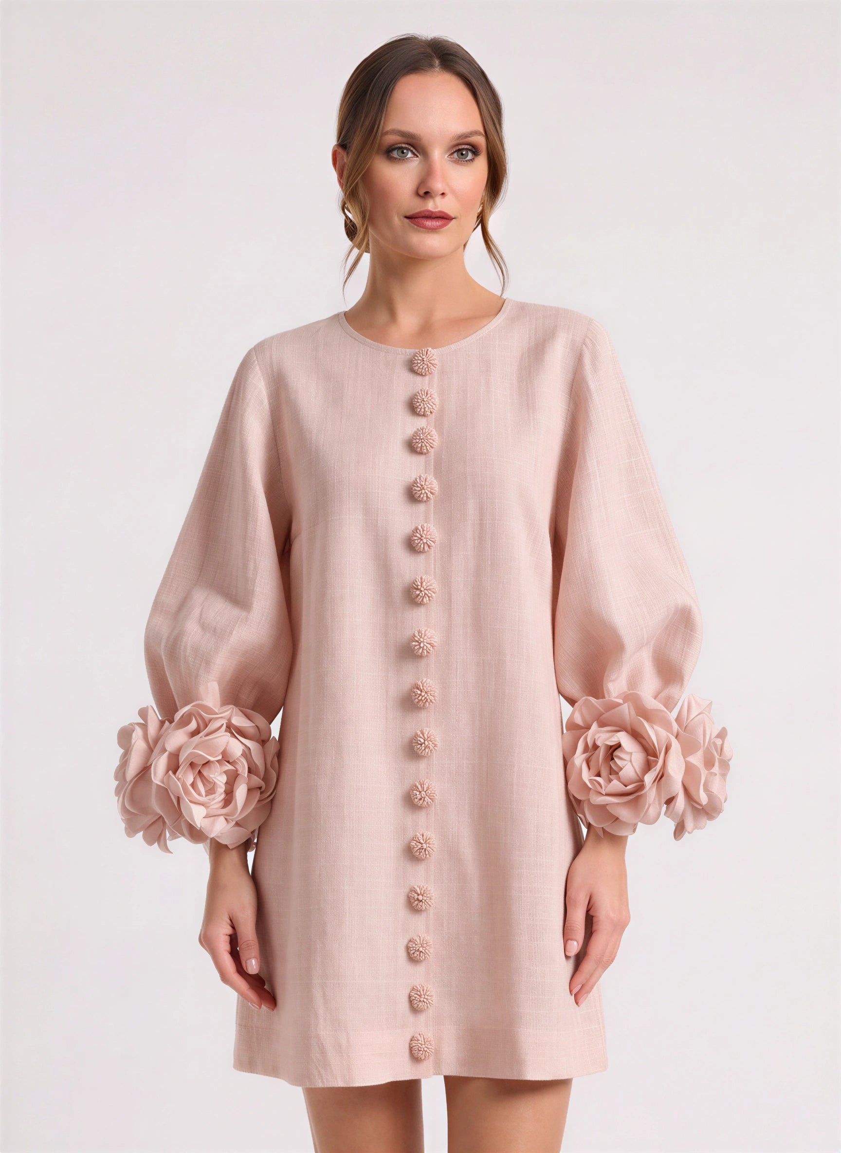 Petalyn Linen Button-Front Mini Dress – 3D Floral Sleeve Women Summer Wedding Guest Boho Shift Mini Dress