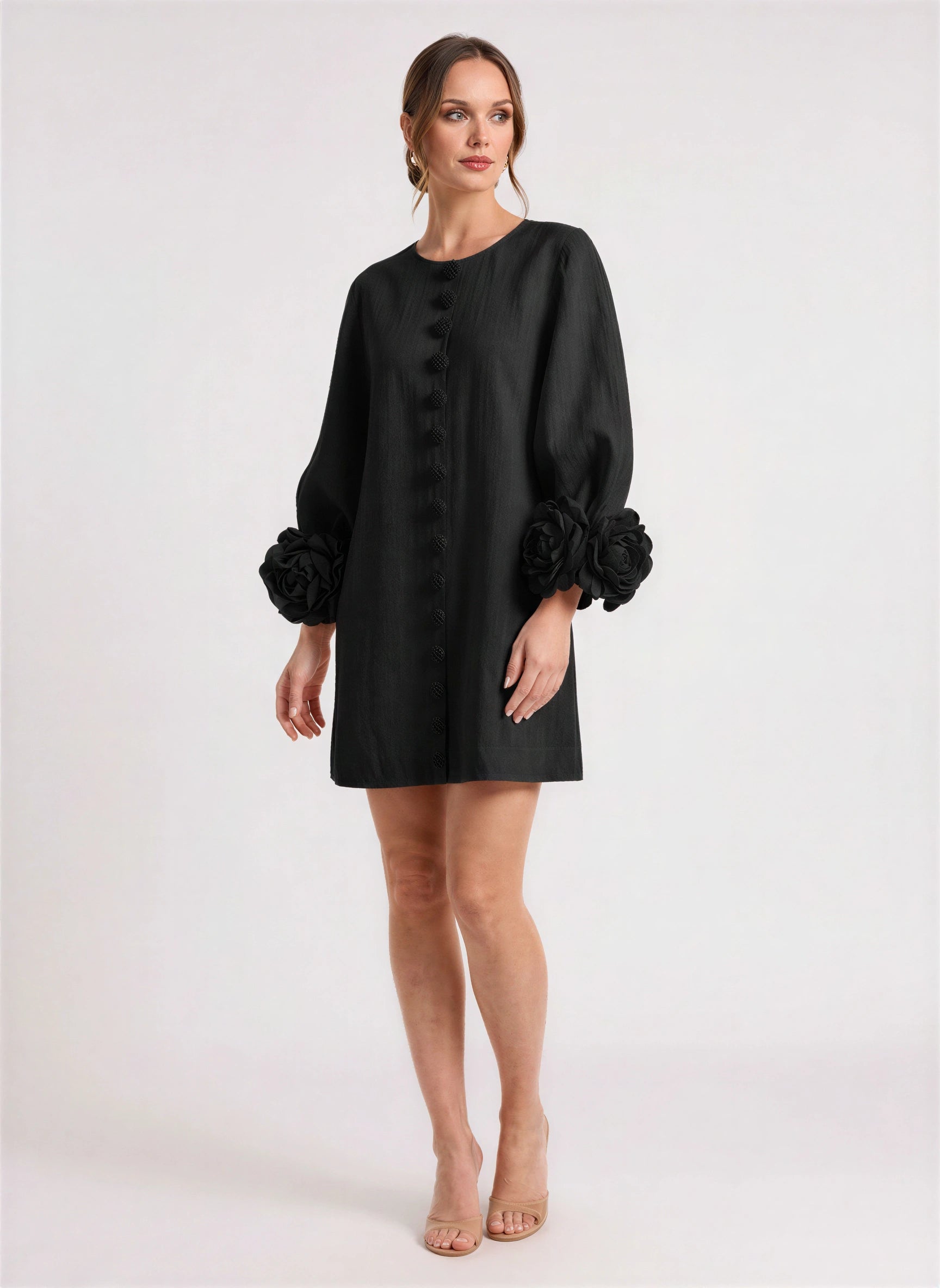 Petalyn Linen Button-Front Mini Dress – 3D Floral Sleeve Women Summer Wedding Guest Boho Shift Mini Dress