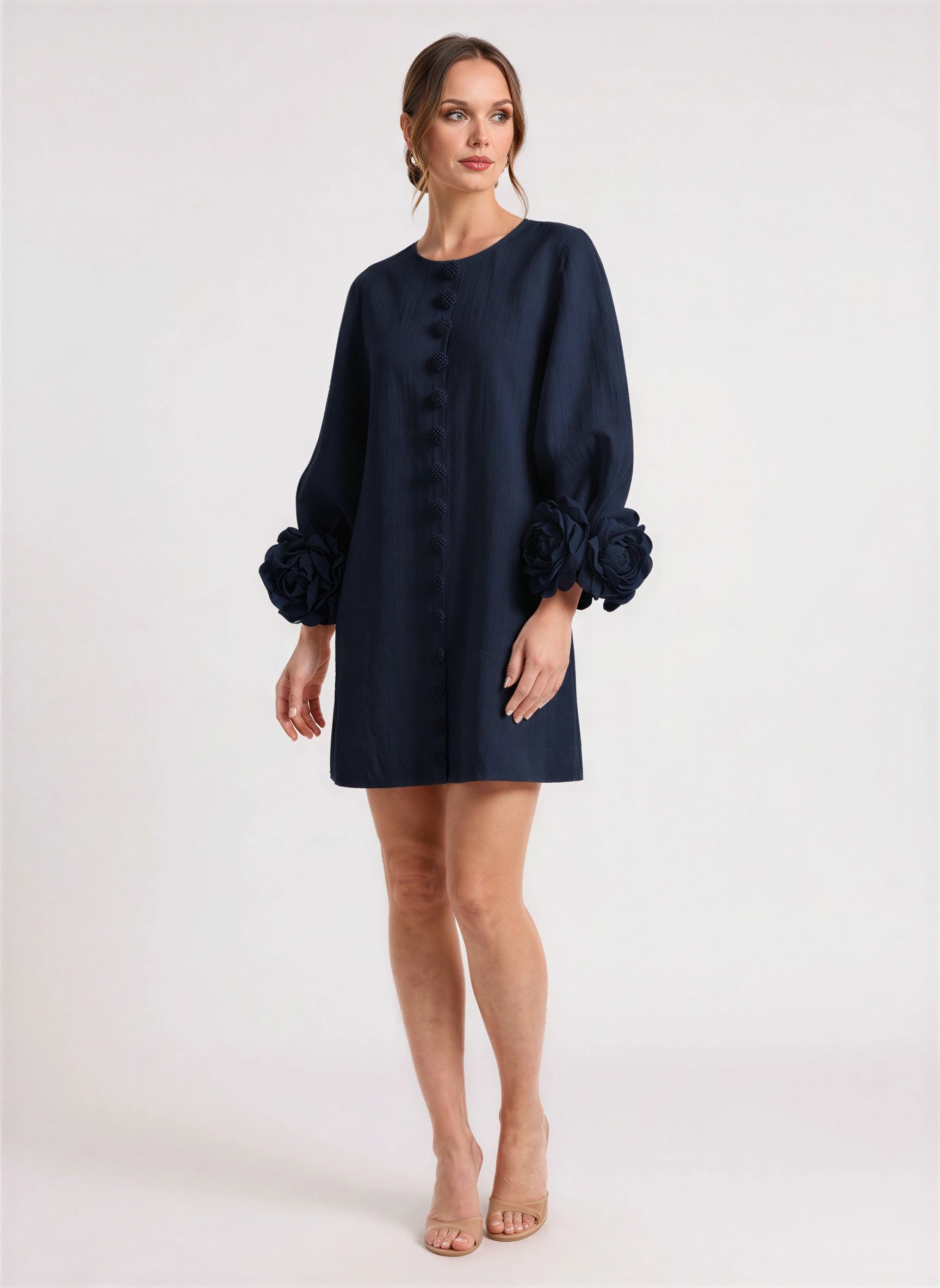 Petalyn Linen Button-Front Mini Dress – 3D Floral Sleeve Women Summer Wedding Guest Boho Shift Mini Dress