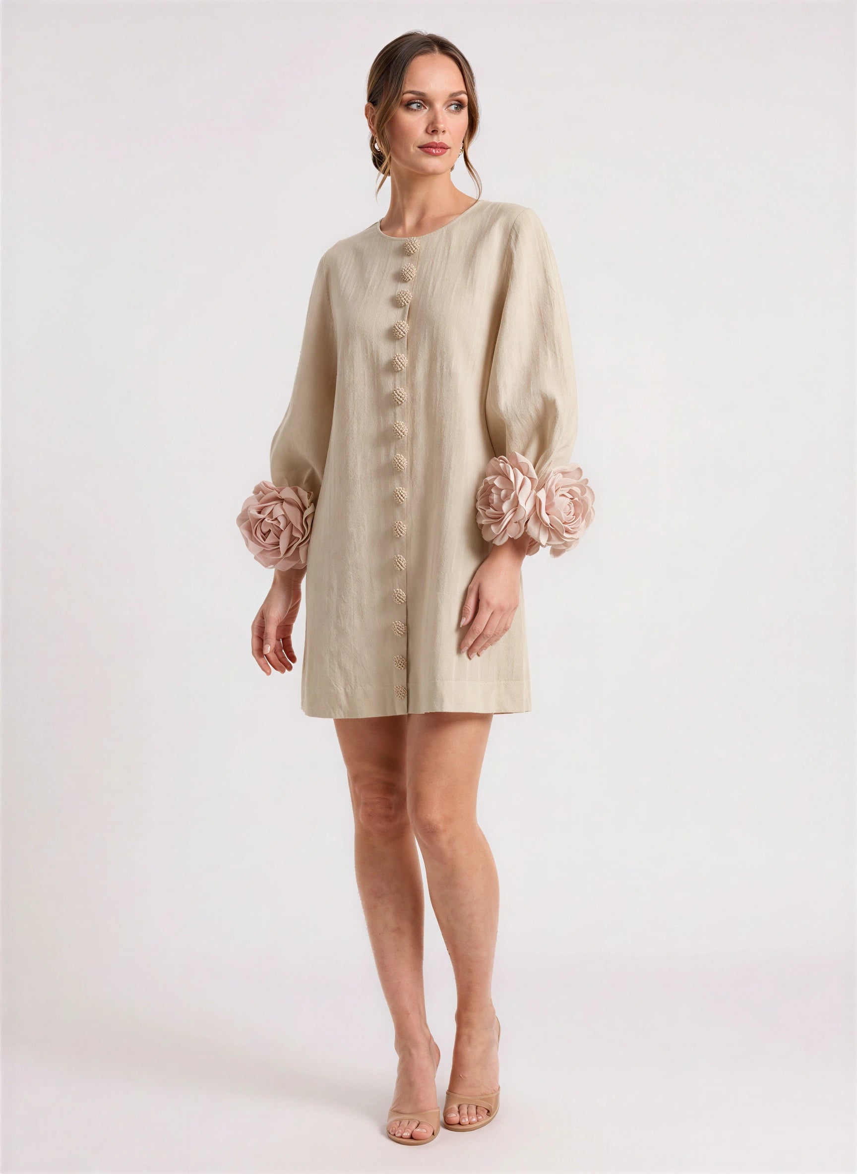 Petalyn Linen Button-Front Mini Dress – 3D Floral Sleeve Women Summer Wedding Guest Boho Shift Mini Dress