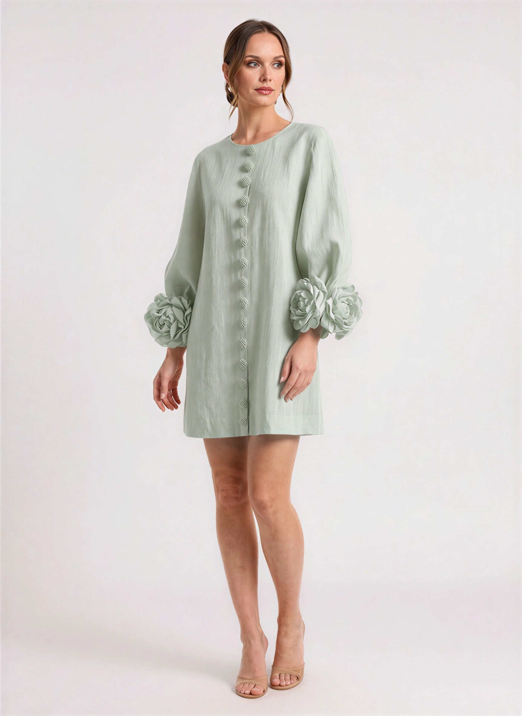 Petalyn Linen Button-Front Mini Dress – 3D Floral Sleeve Women Summer Wedding Guest Boho Shift Mini Dress
