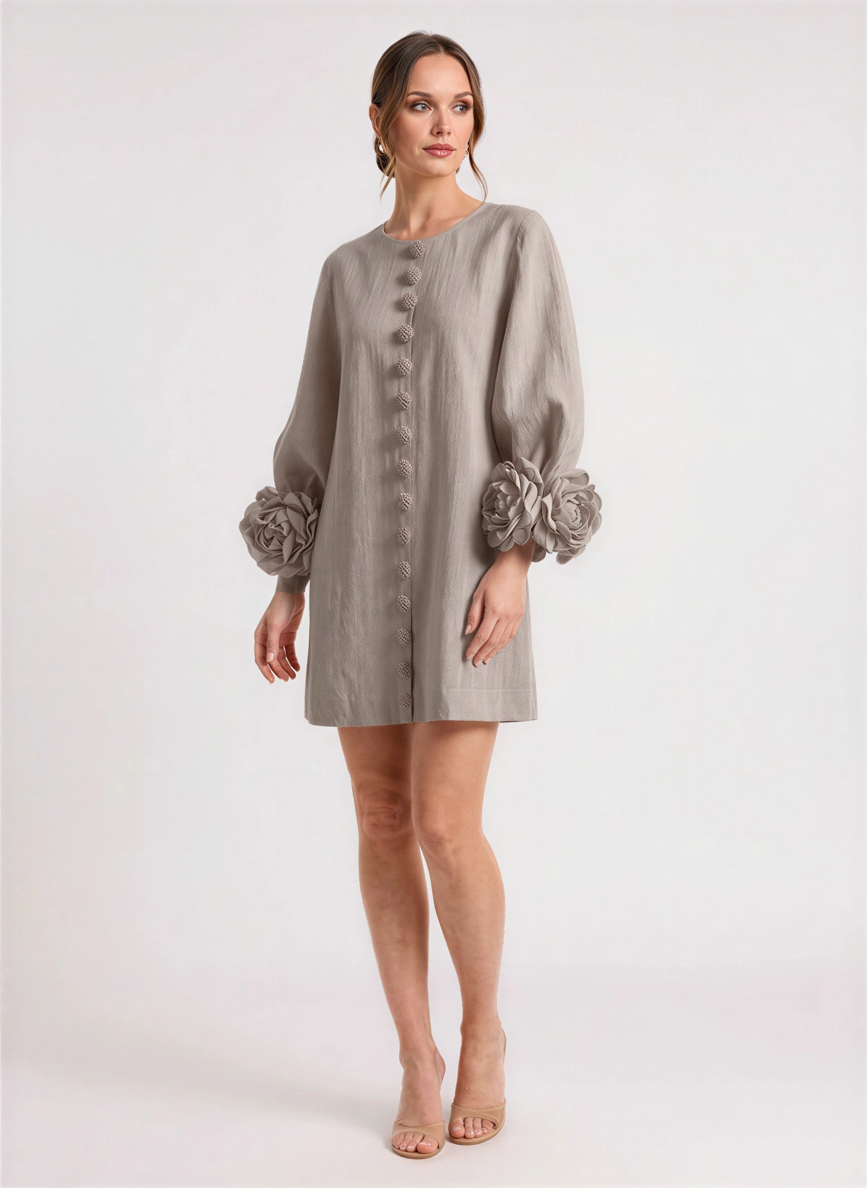 Petalyn Linen Button-Front Mini Dress – 3D Floral Sleeve Women Summer Wedding Guest Boho Shift Mini Dress