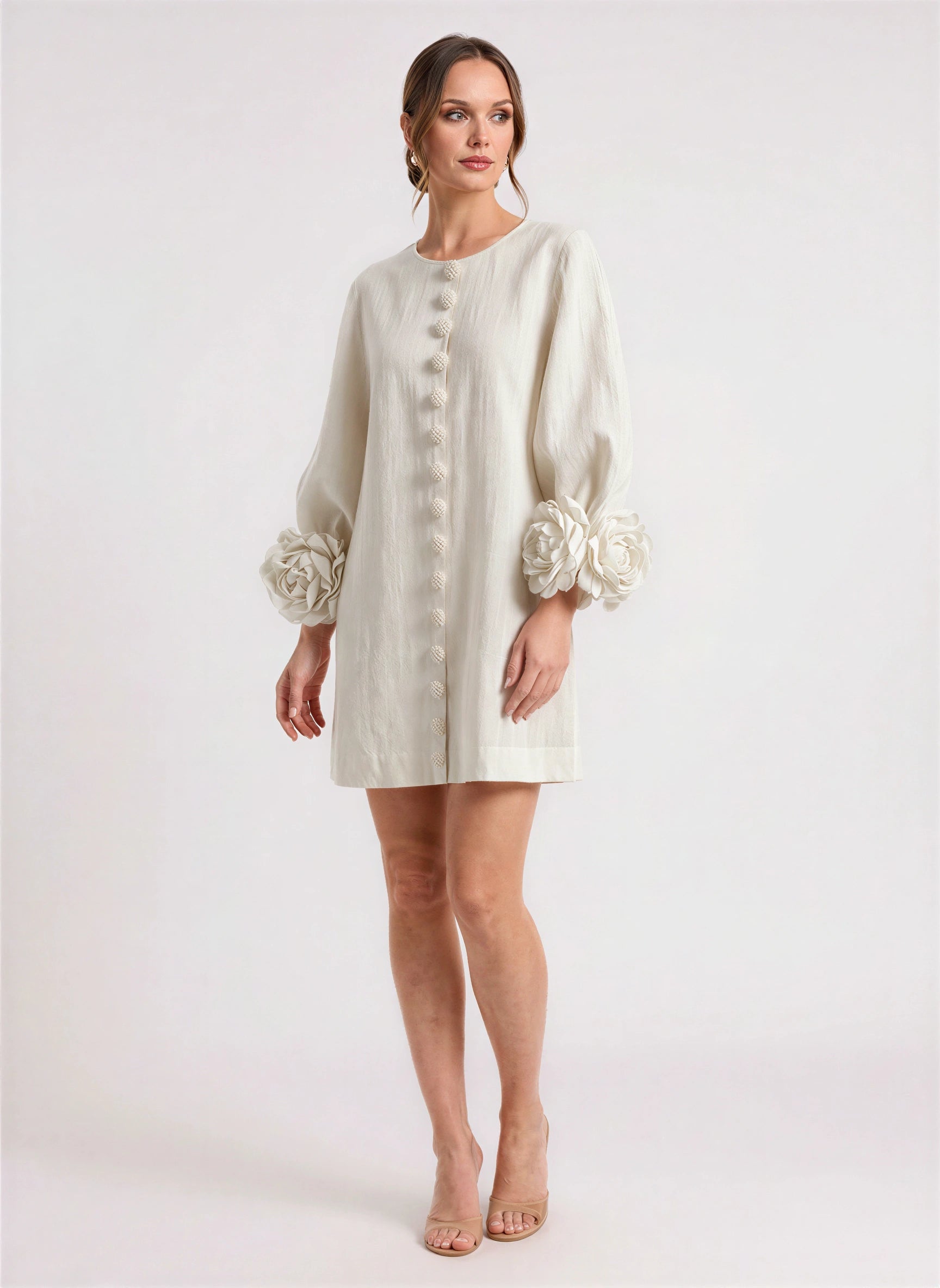 Petalyn Linen Button-Front Mini Dress – 3D Floral Sleeve Women Summer Wedding Guest Boho Shift Mini Dress