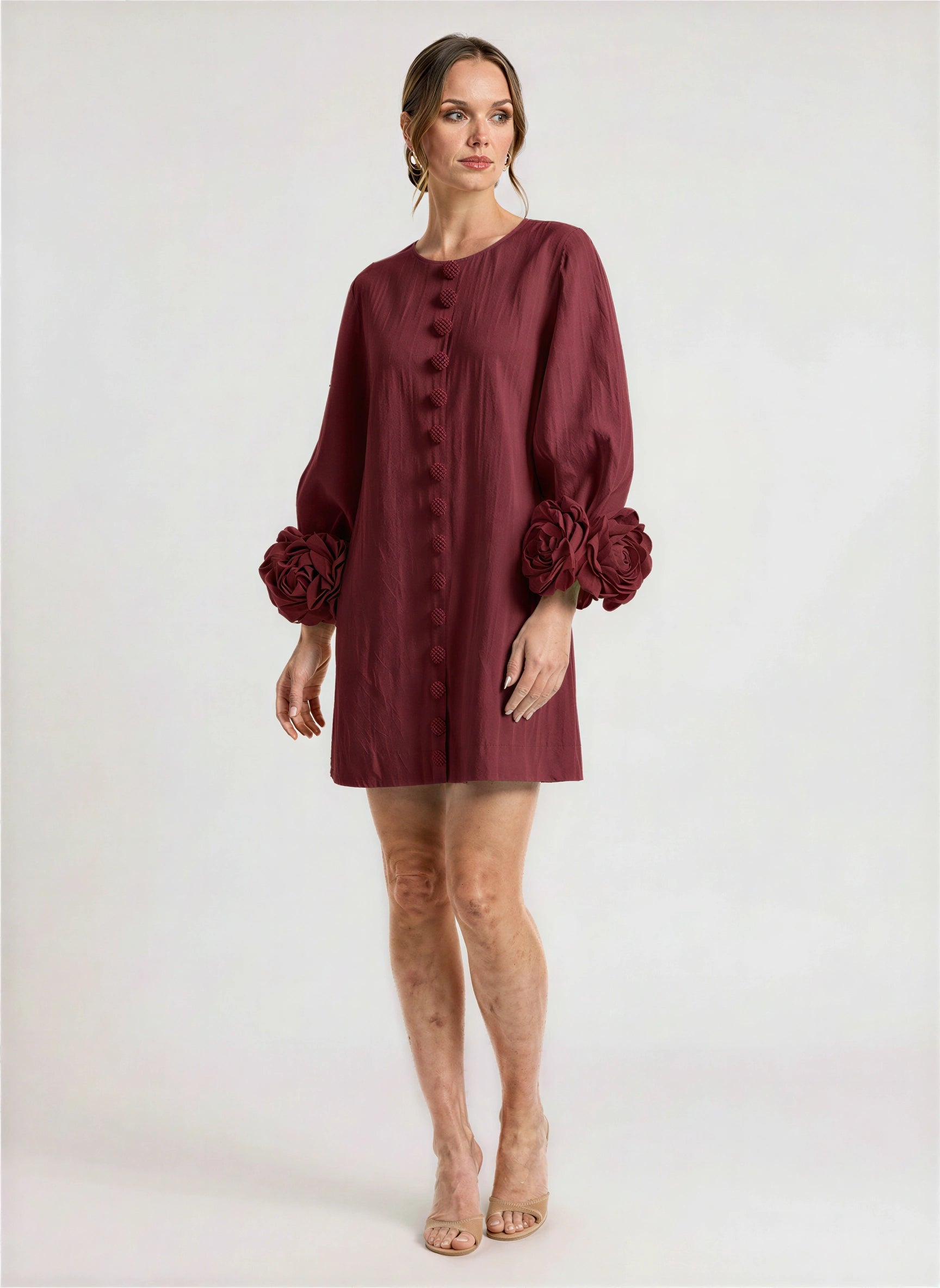 Petalyn Linen Button-Front Mini Dress – 3D Floral Sleeve Women Summer Wedding Guest Boho Shift Mini Dress