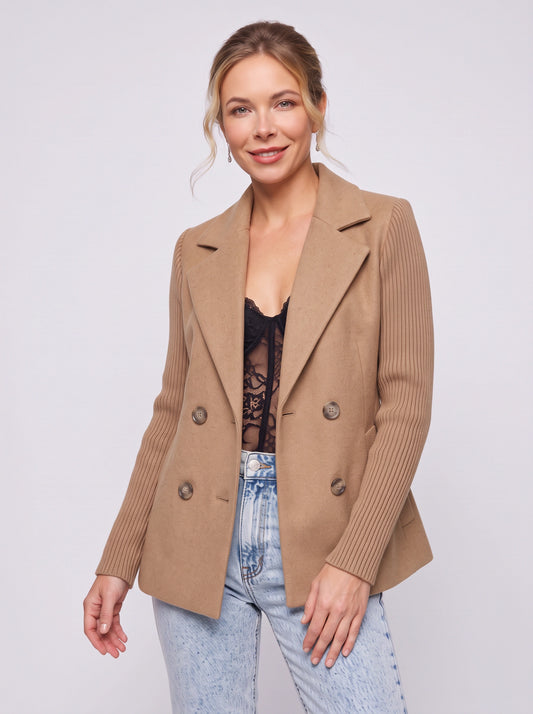 Costiva Ribbed Sleeve Double-Breasted Blazer – Women Tailored Office Business Casual Structured Longline Blazer