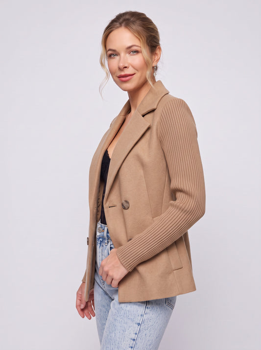 Costiva Ribbed Sleeve Double-Breasted Blazer – Women Tailored Office Business Casual Structured Longline Blazer