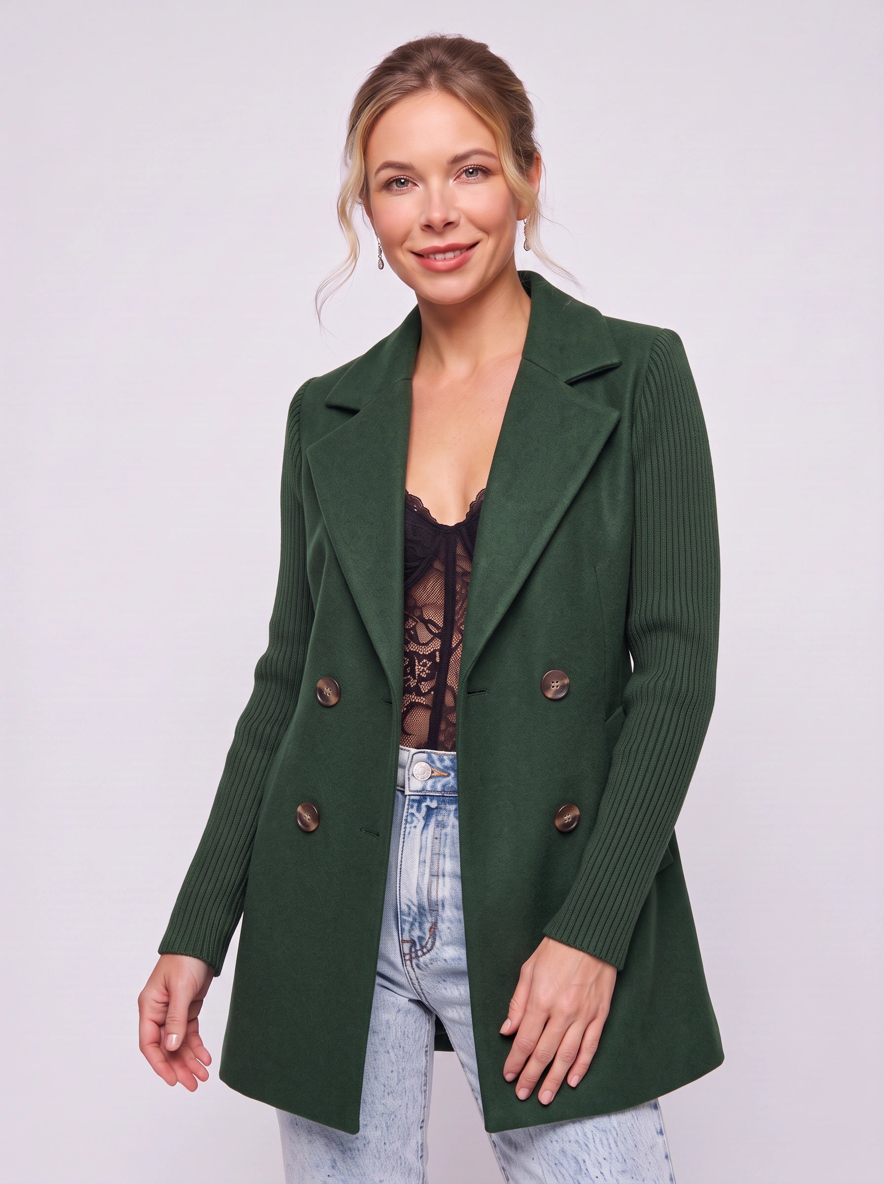 Costiva Ribbed Sleeve Double-Breasted Blazer – Women Tailored Office Business Casual Structured Longline Blazer