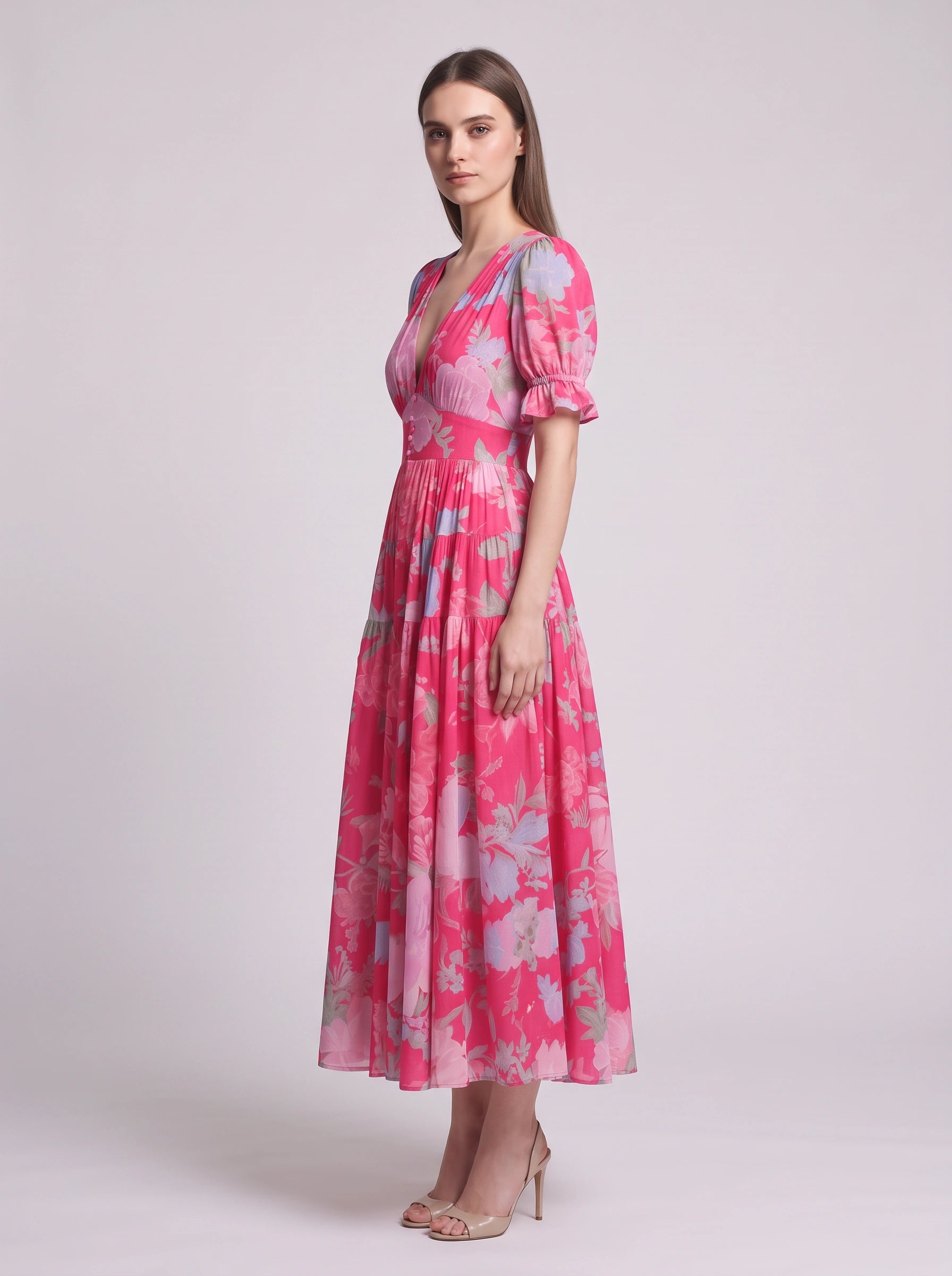 Fioretto Puff-Sleeve Plunge Midi Dress – Floral Midi Dress Women Wedding Guest Garden Party Pleated Sundress