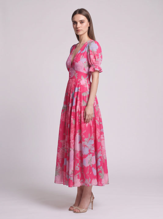 Fioretto Puff-Sleeve Plunge Midi Dress – Floral Midi Dress Women Wedding Guest Garden Party Pleated Sundress