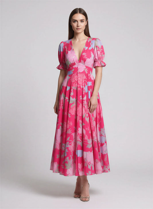 Fioretto Puff-Sleeve Plunge Midi Dress – Floral Midi Dress Women Wedding Guest Garden Party Pleated Sundress