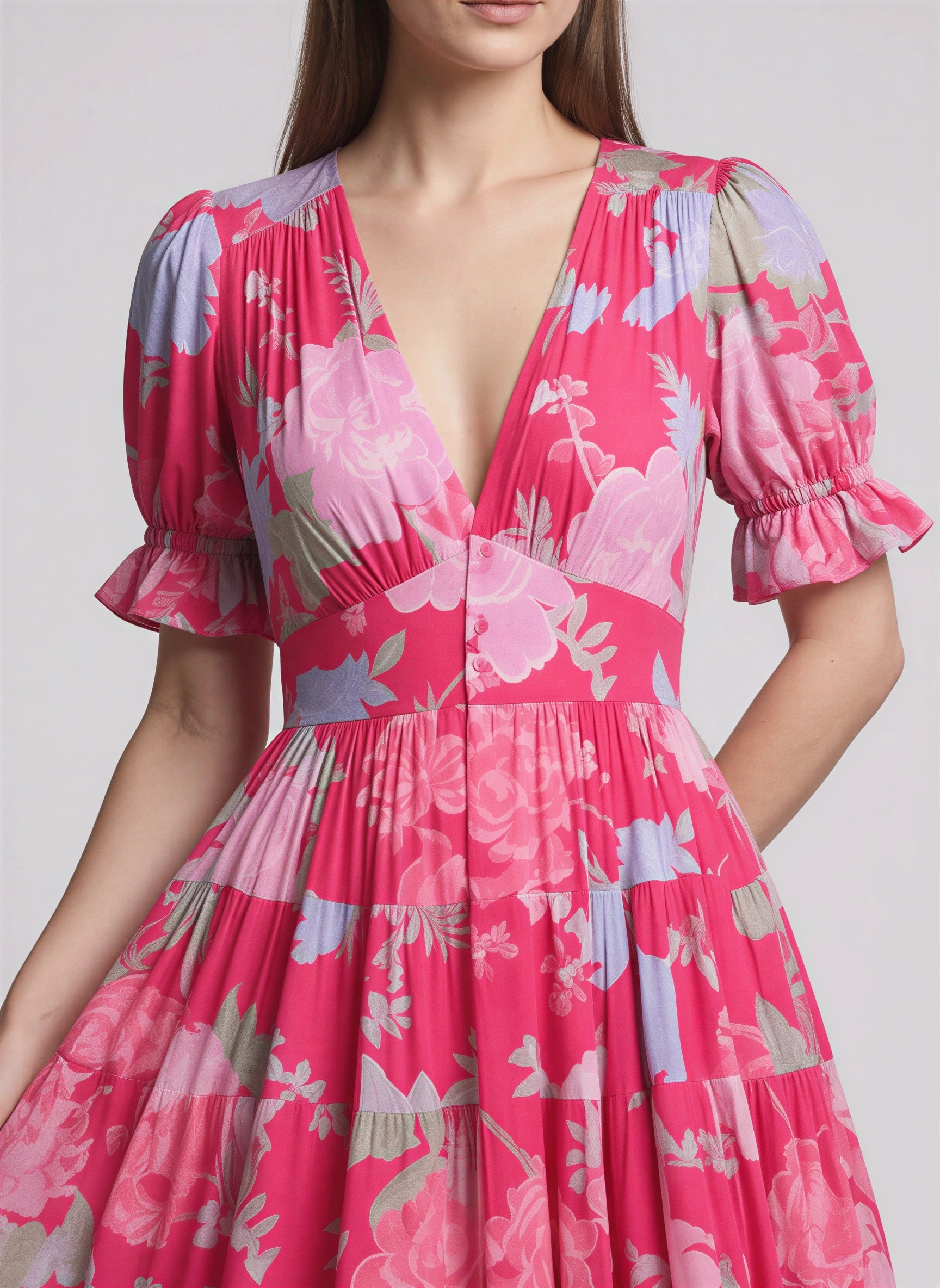Fioretto Puff-Sleeve Plunge Midi Dress – Floral Midi Dress Women Wedding Guest Garden Party Pleated Sundress