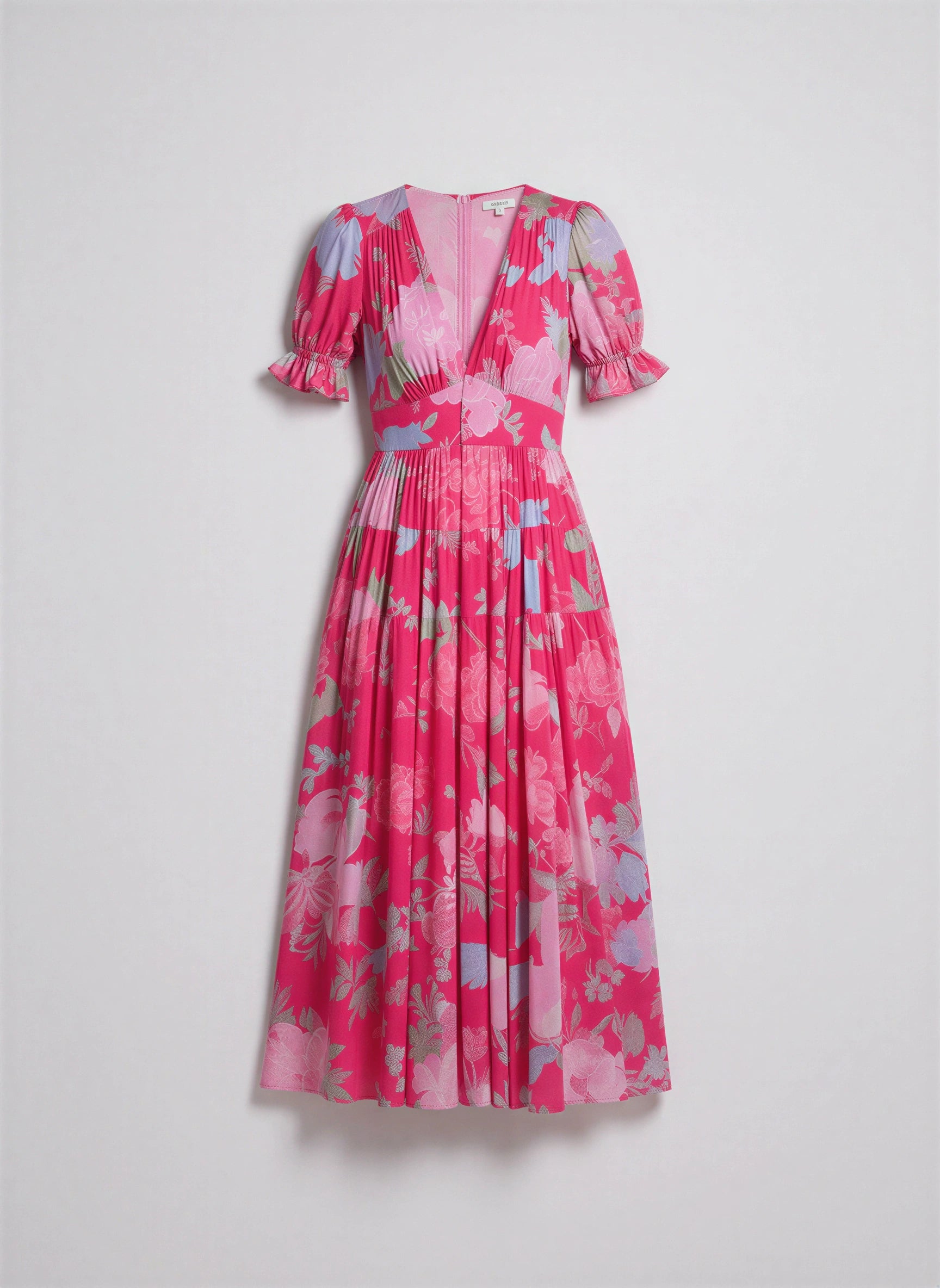 Fioretto Puff-Sleeve Plunge Midi Dress – Floral Midi Dress Women Wedding Guest Garden Party Pleated Sundress