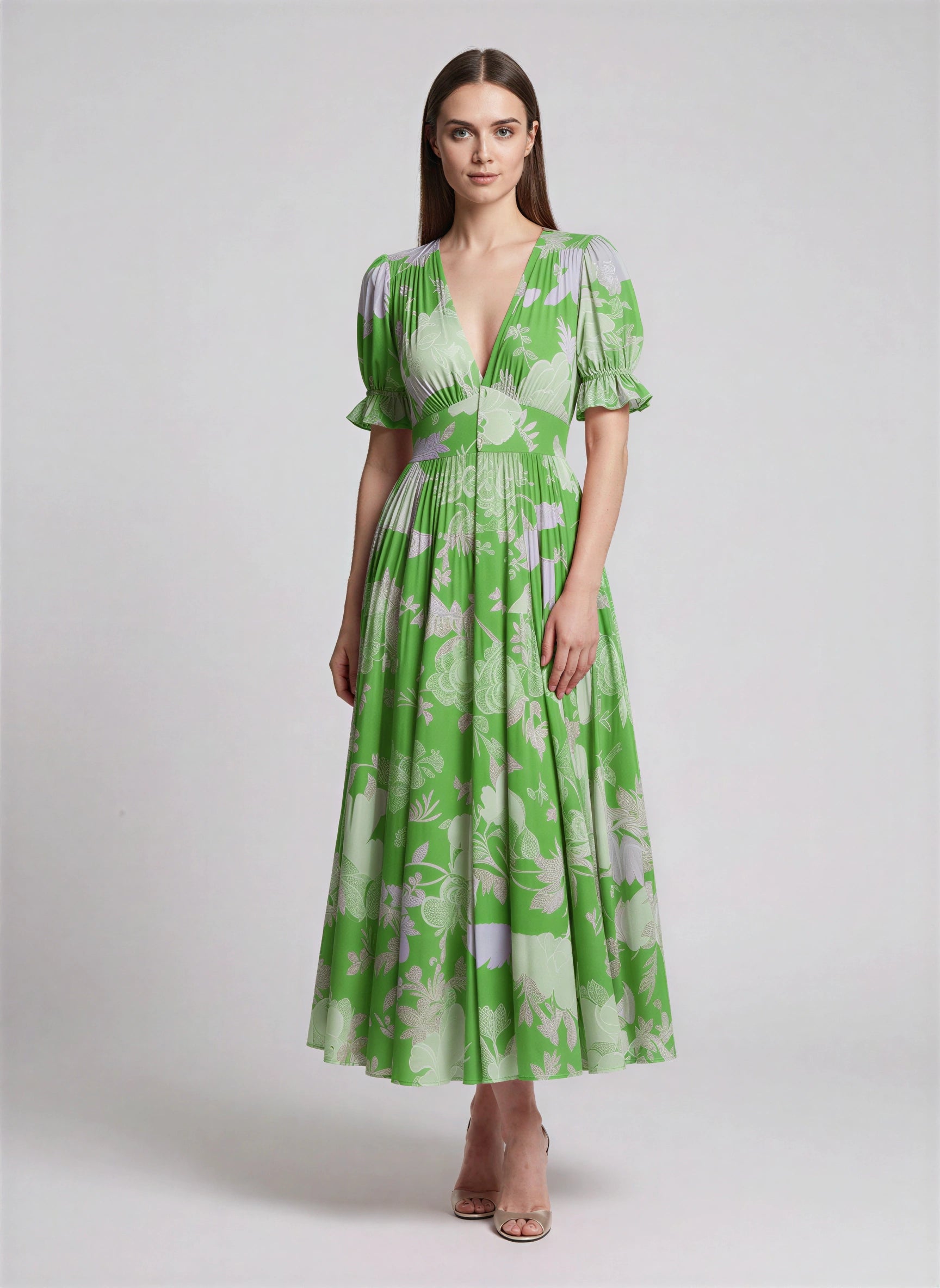 Fioretto Puff-Sleeve Plunge Midi Dress – Floral Midi Dress Women Wedding Guest Garden Party Pleated Sundress