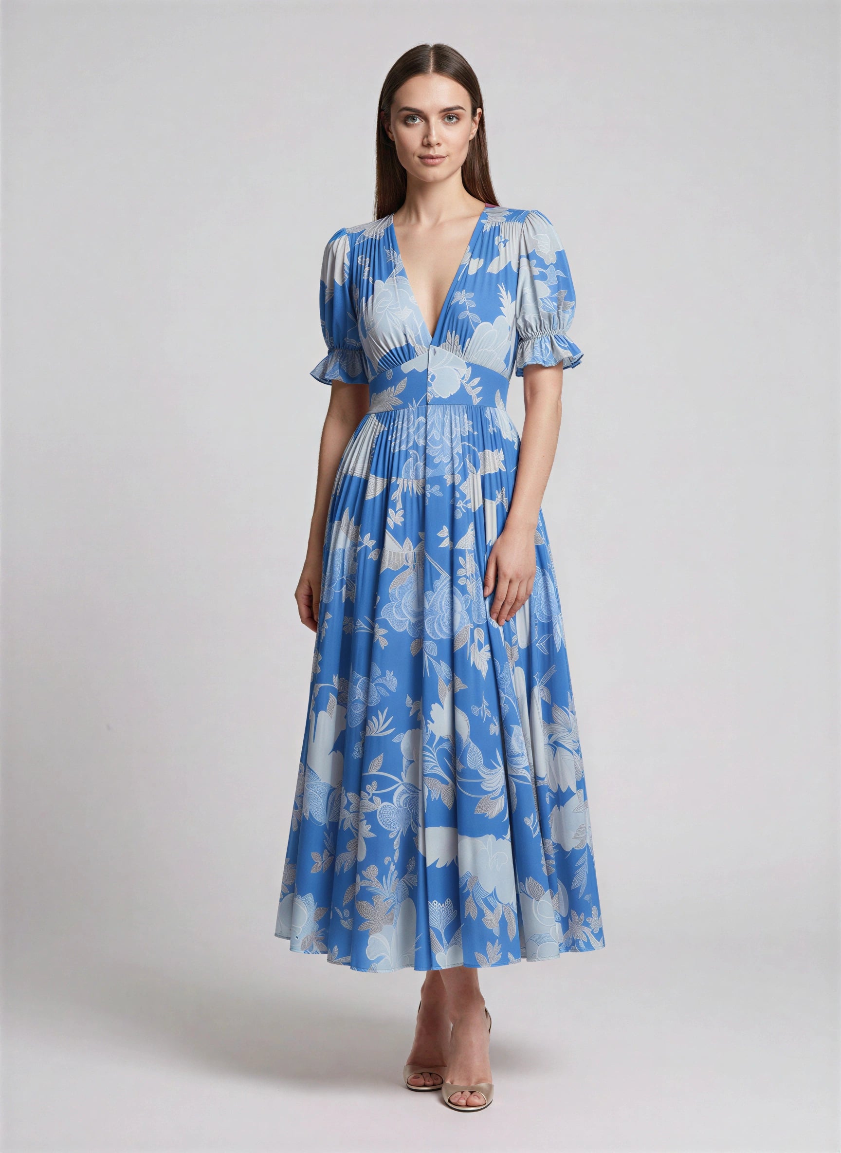 Fioretto Puff-Sleeve Plunge Midi Dress – Floral Midi Dress Women Wedding Guest Garden Party Pleated Sundress
