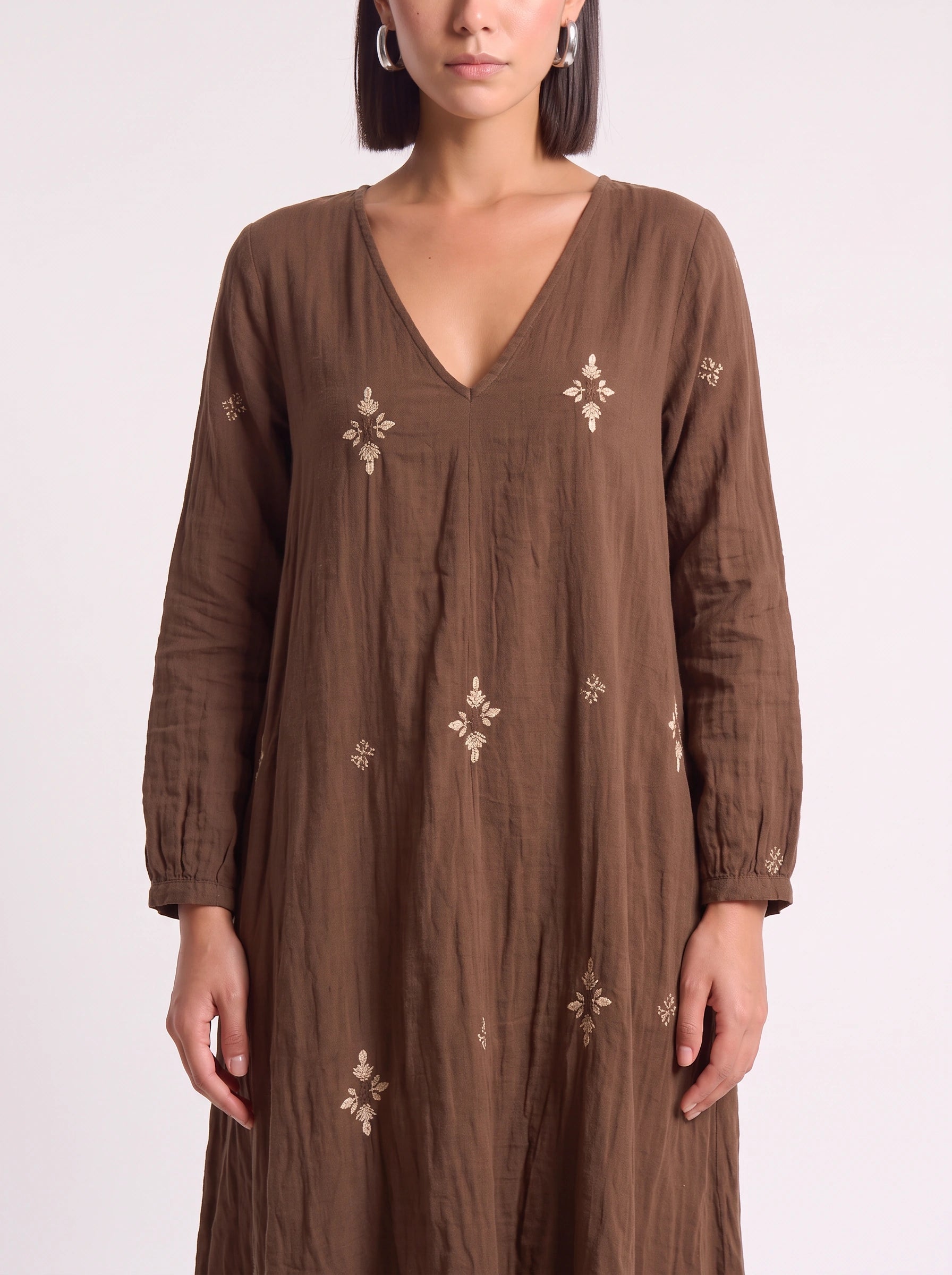 Croiseau Embroidered V-Neck Midi Dress – Long Sleeve Smock Dress Women Boho Casual Summer Embroidered Midi Dress