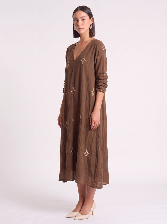 Croiseau Embroidered V-Neck Midi Dress – Long Sleeve Smock Dress Women Boho Casual Summer Embroidered Midi Dress