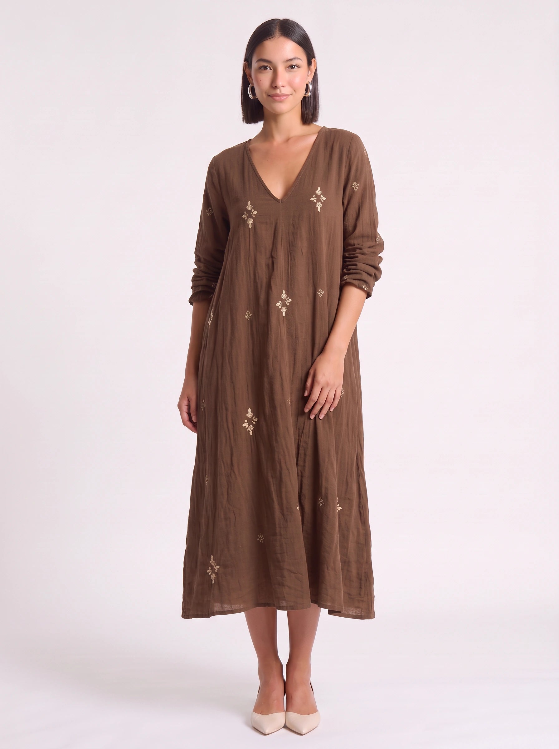 Croiseau Embroidered V-Neck Midi Dress – Long Sleeve Smock Dress Women Boho Casual Summer Embroidered Midi Dress