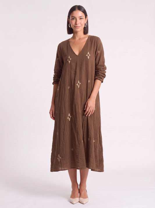 Croiseau Embroidered V-Neck Midi Dress – Long Sleeve Smock Dress Women Boho Casual Summer Embroidered Midi Dress