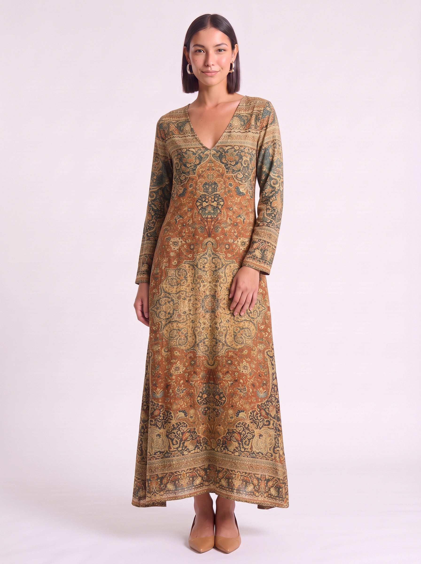 Croiseau Embroidered V-Neck Midi Dress – Long Sleeve Smock Dress Women Boho Casual Summer Embroidered Midi Dress
