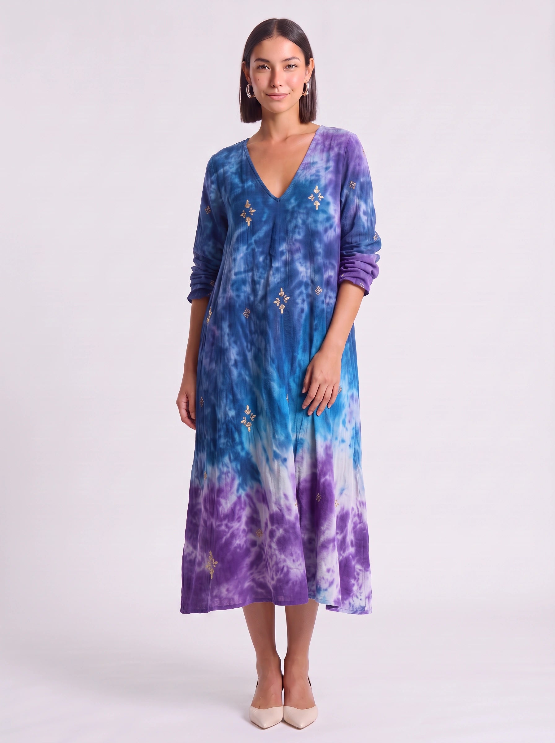 Croiseau Embroidered V-Neck Midi Dress – Long Sleeve Smock Dress Women Boho Casual Summer Embroidered Midi Dress