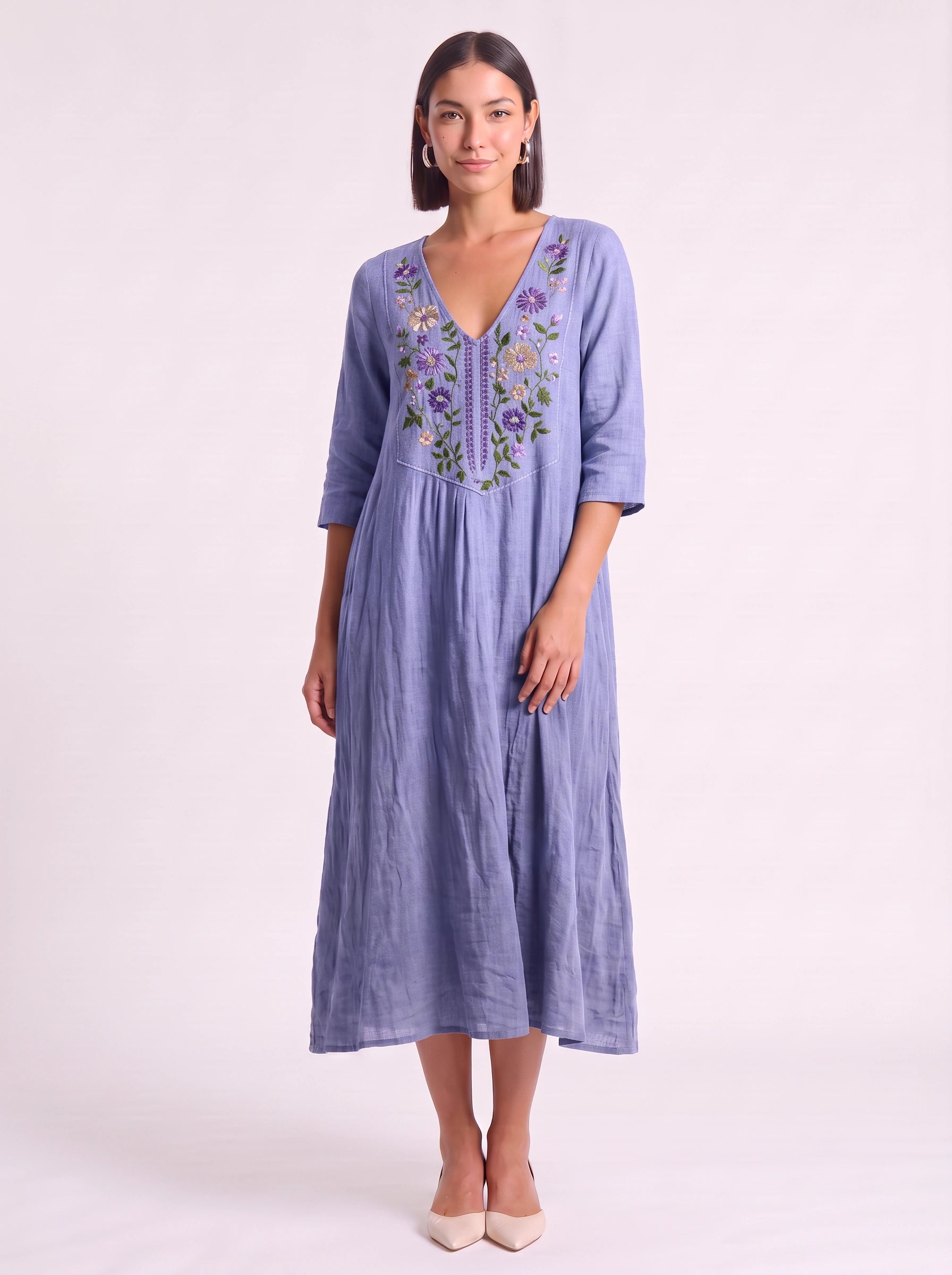 Croiseau Embroidered V-Neck Midi Dress – Long Sleeve Smock Dress Women Boho Casual Summer Embroidered Midi Dress