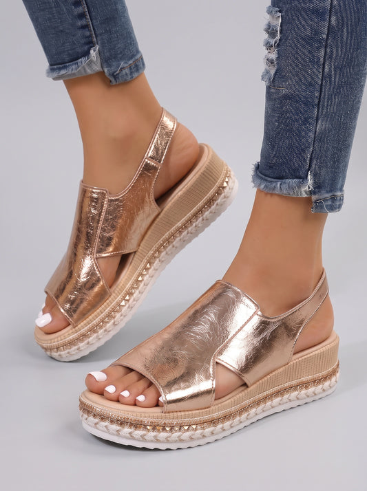 Corbrit Platform Espadrille Sandals – Metallic Cross-Strap Cushioned Flatform Women Slingback Comfort Walking Sandals