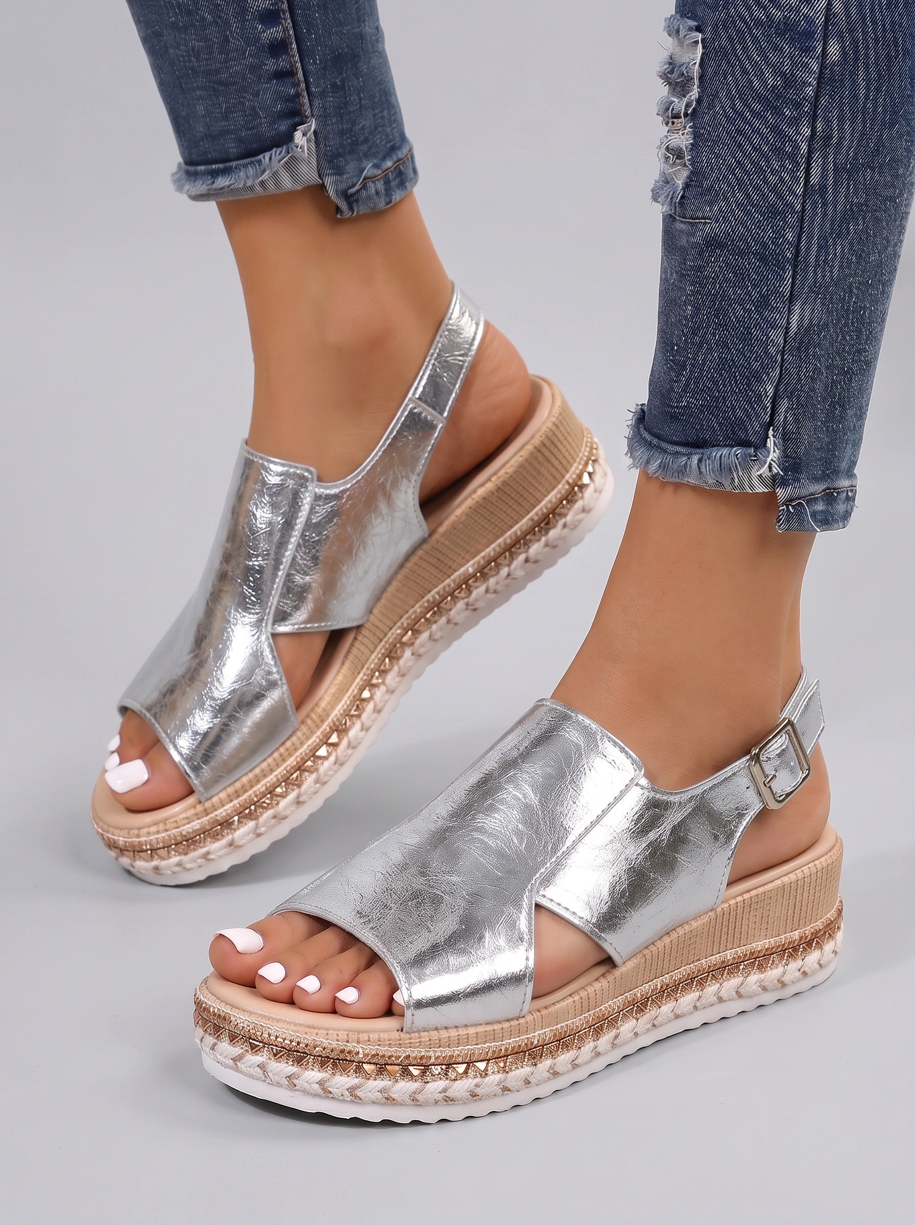 Corbrit Platform Espadrille Sandals – Metallic Cross-Strap Cushioned Flatform Women Slingback Comfort Walking Sandals