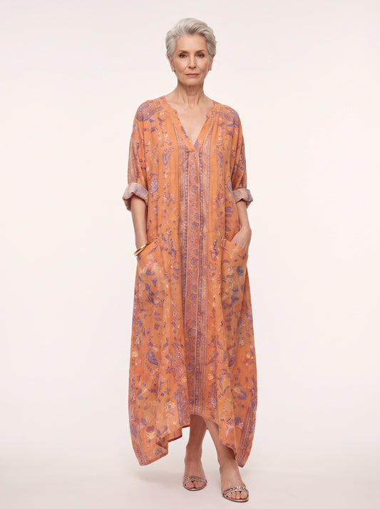 Robe longue caftan brodée Paisla – Robe longue fleurie pour femme, style bohème chic, manches longues, tenue de vacances d’été