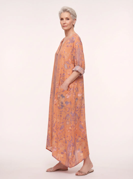 Robe longue caftan brodée Paisla – Robe longue fleurie pour femme, style bohème chic, manches longues, tenue de vacances d’été