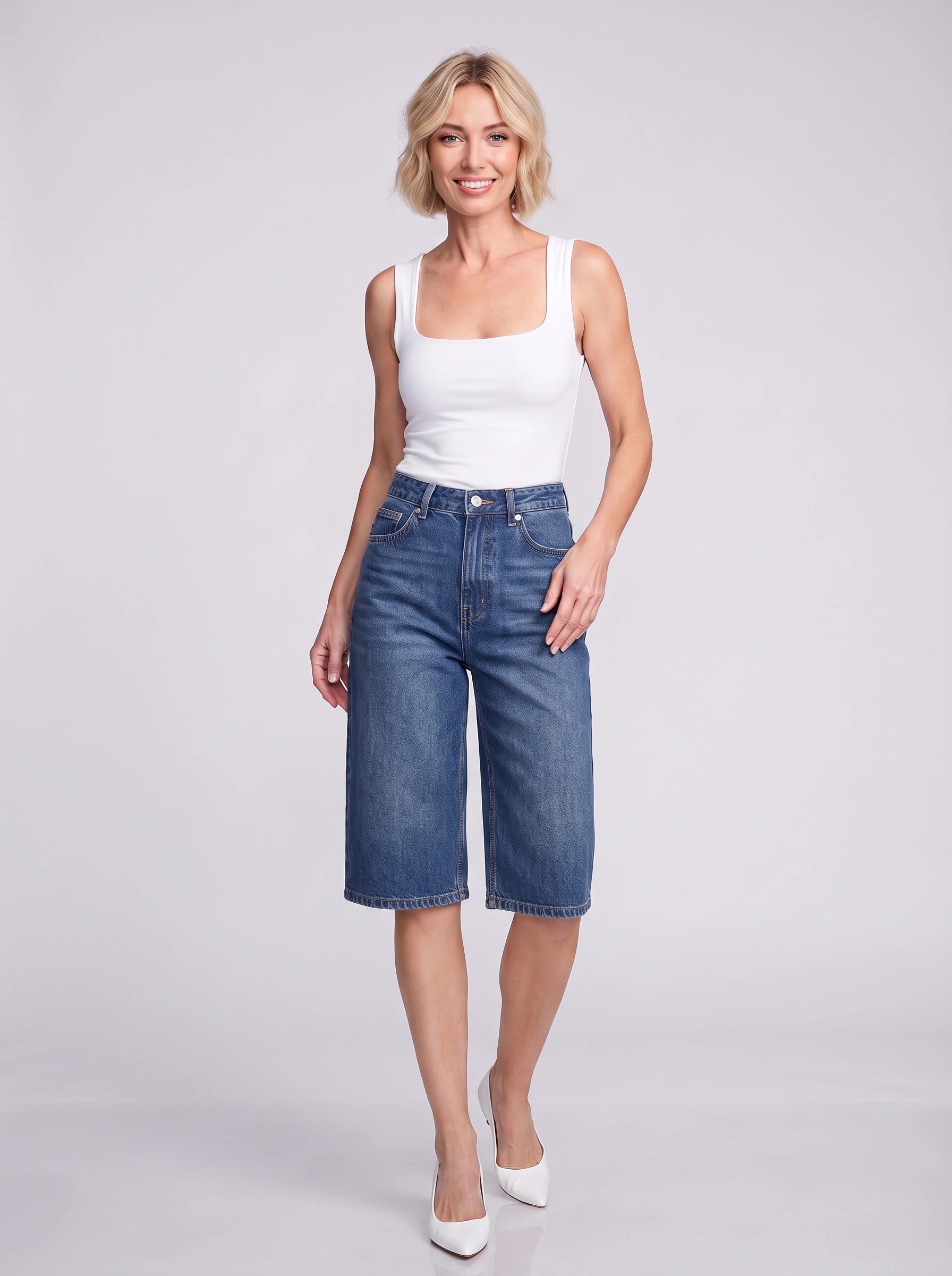 Culmira Wide-Leg Denim Bermuda Shorts – High Waisted Cropped Knee Length Women Summer Casual Jeans