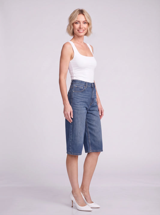 Culmira Wide-Leg Denim Bermuda Shorts – High Waisted Cropped Knee Length Women Summer Casual Jeans