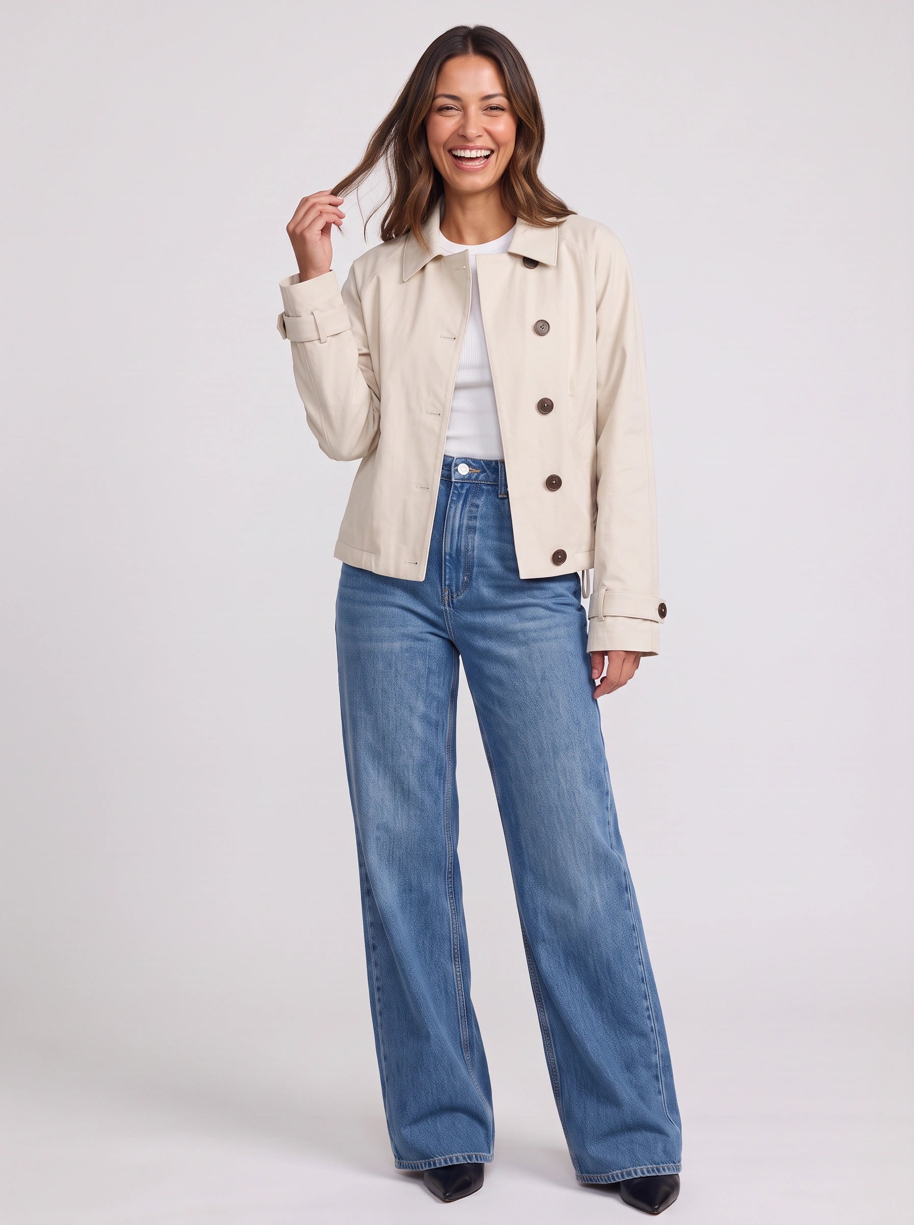 Cortez Cropped Trench Jacket – Women Button Front Classic Collar Utility Casual Office Workwear Jacket