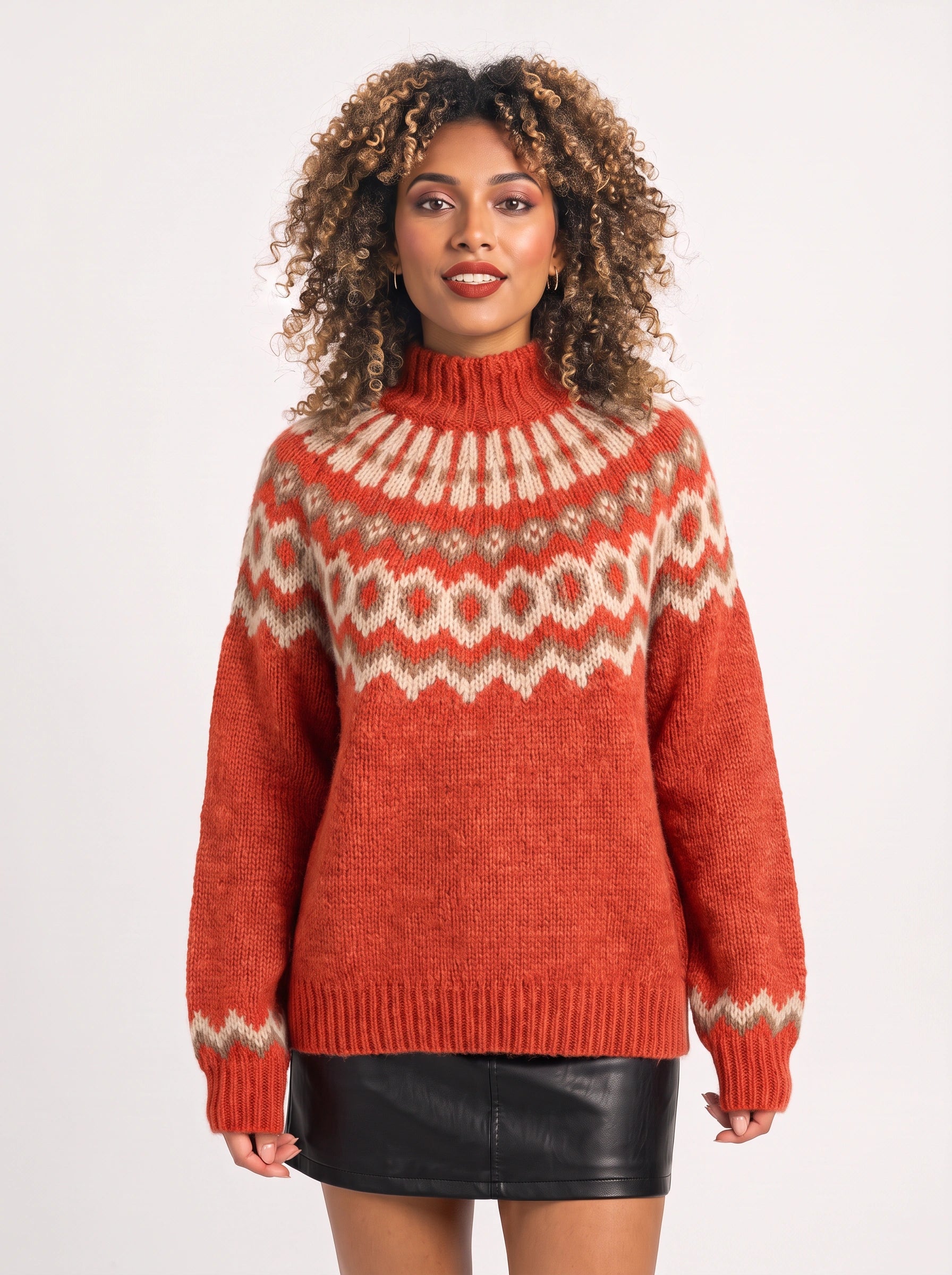 Fjordvik Fair Isle Turtleneck Sweater – Nordic Knit Jumper Women Oversized Pullover Winter Cozy Turtleneck
